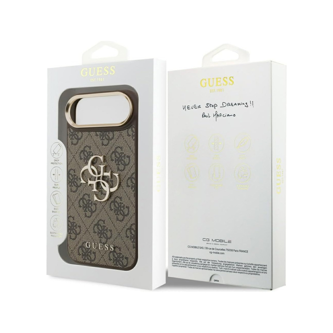 Custodia Guess con motivo monogramma e logo dorato su confezione bianca.