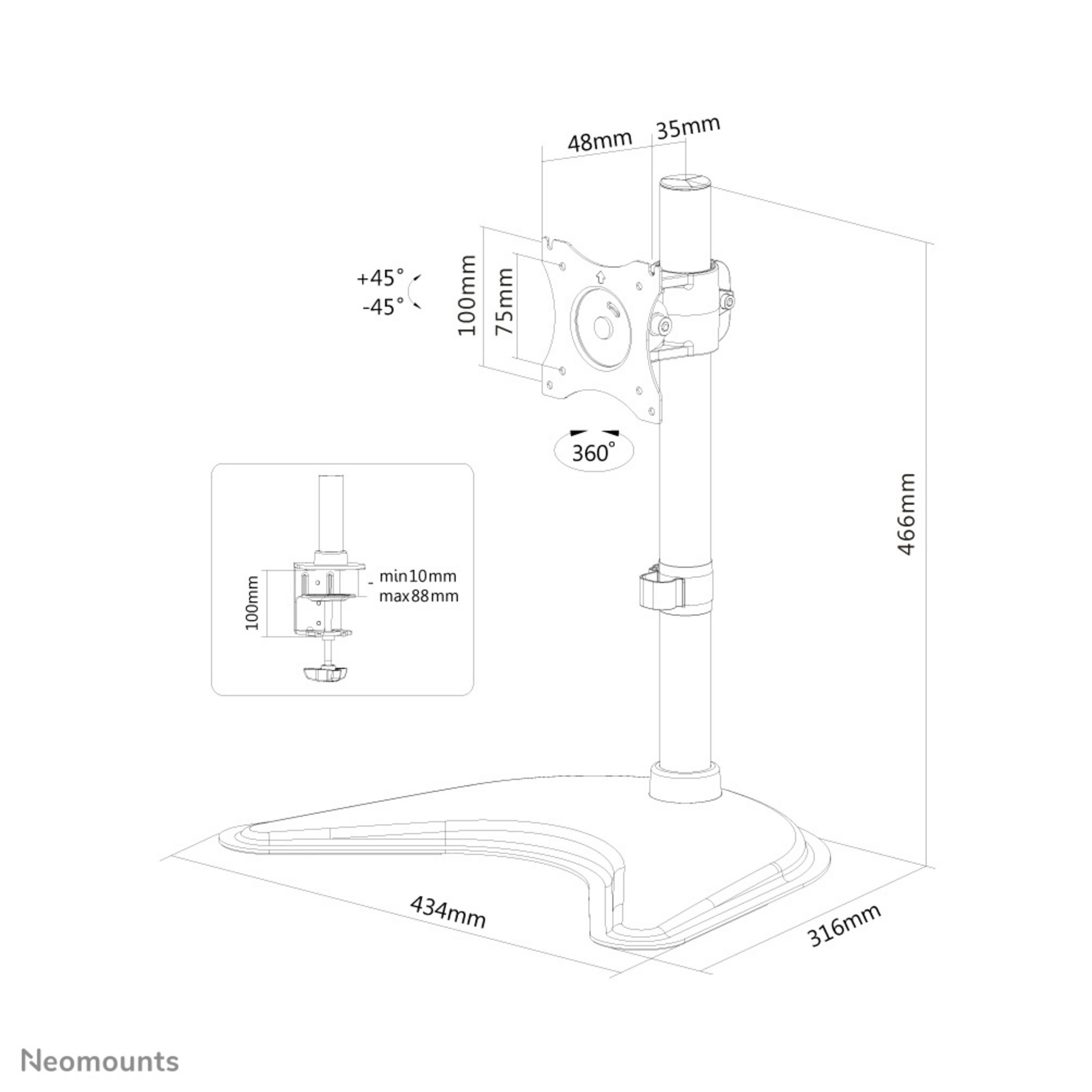 Technische tekening van een monitorstandaard met afmetingen en 360 graden rotatie.
