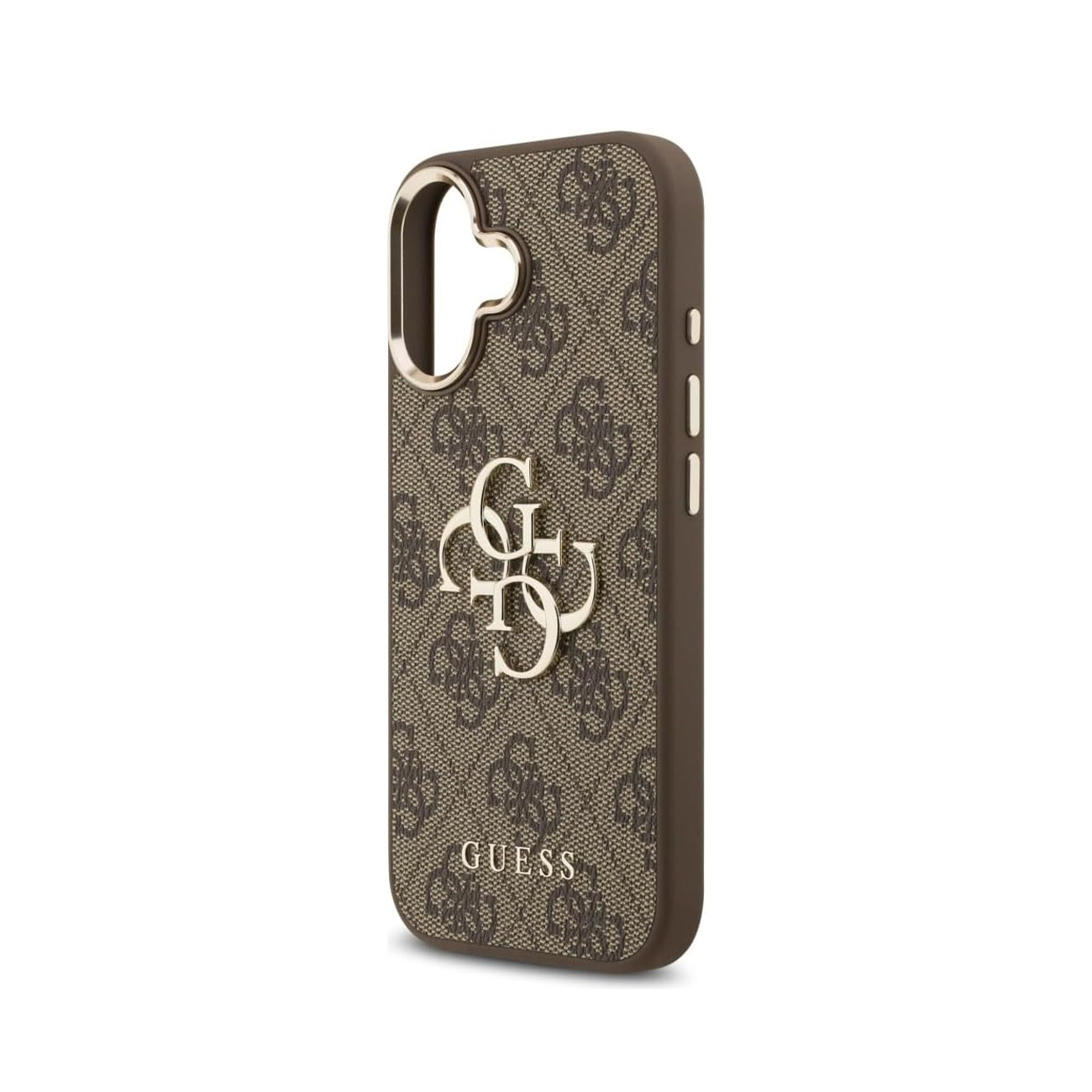 Custodia per telefono marrone con logo GUESS e motivo monogramma.
