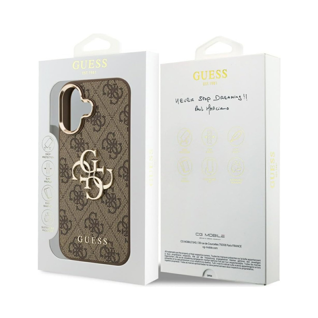 Custodia Guess con motivo monogramma e logo dorato sul davanti.
