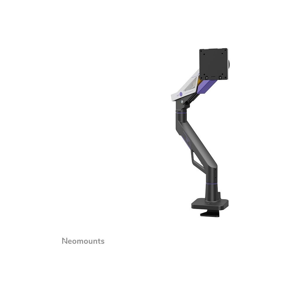 Een grijze monitorarm met paarse accenten op een witte achtergrond.