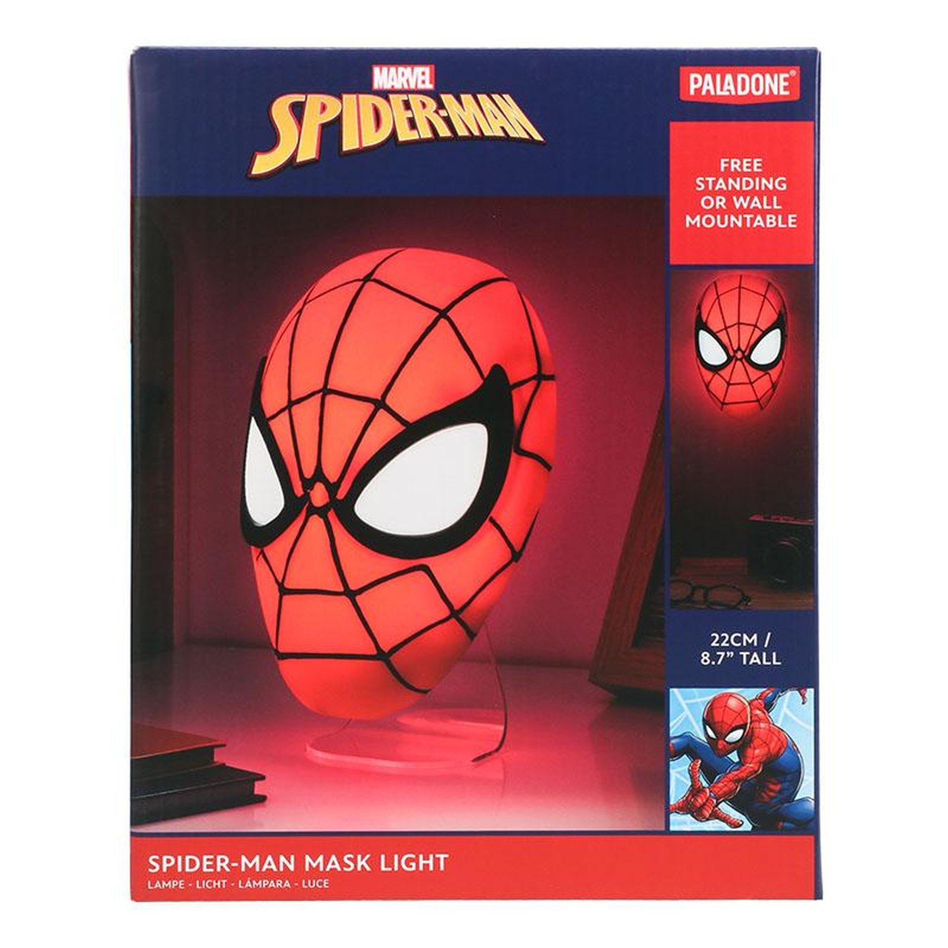 Świecąca maska Spider-Mana na opakowaniu, z informacjami po prawej stronie.