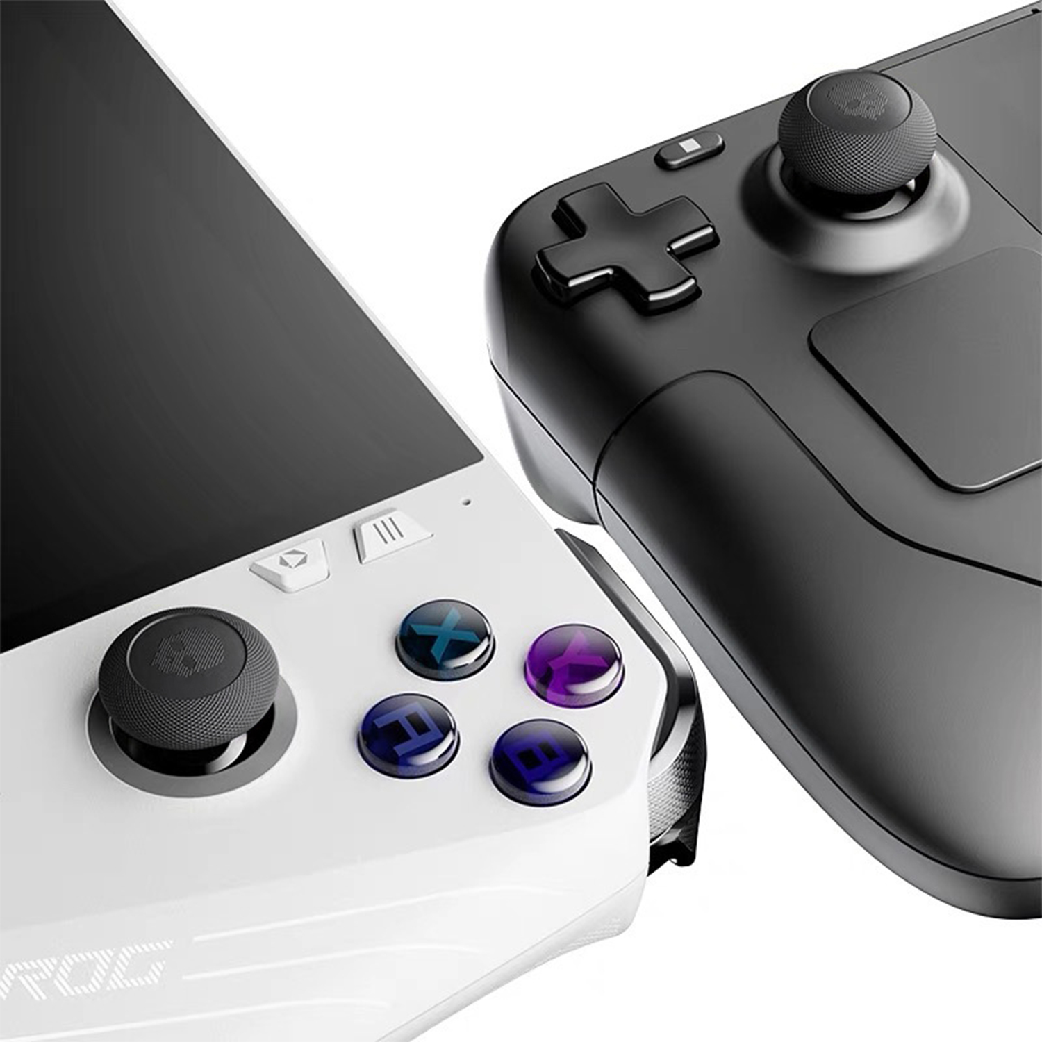 Een witte en zwarte gamecontroller naast elkaar, close-up.