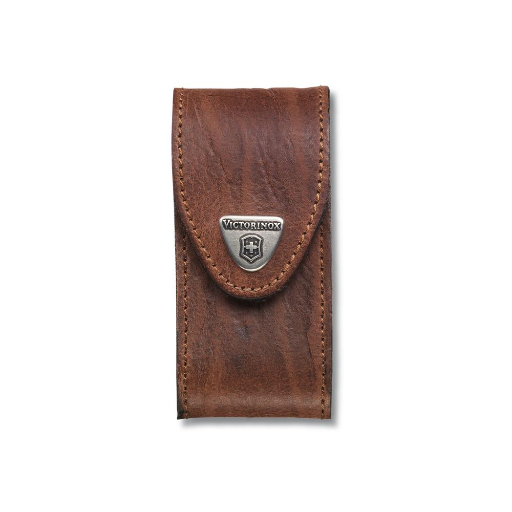 Gümüş amblemli kahverengi Victorinox bıçak deri kılıfı.