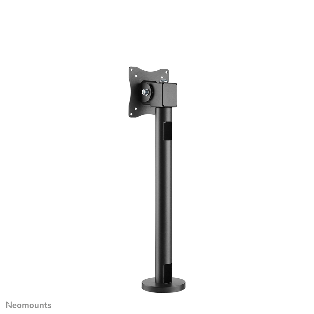 Een zwarte monitorstandaard met ronde voet en verstelbare arm.