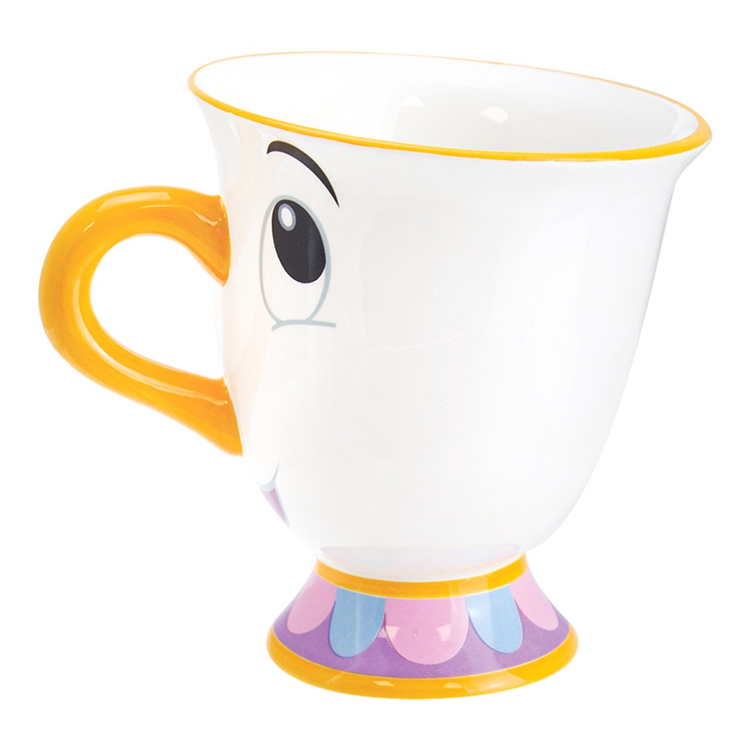 Weiße Tasse mit gelbem Henkel und Gesicht, bunte Basis.
