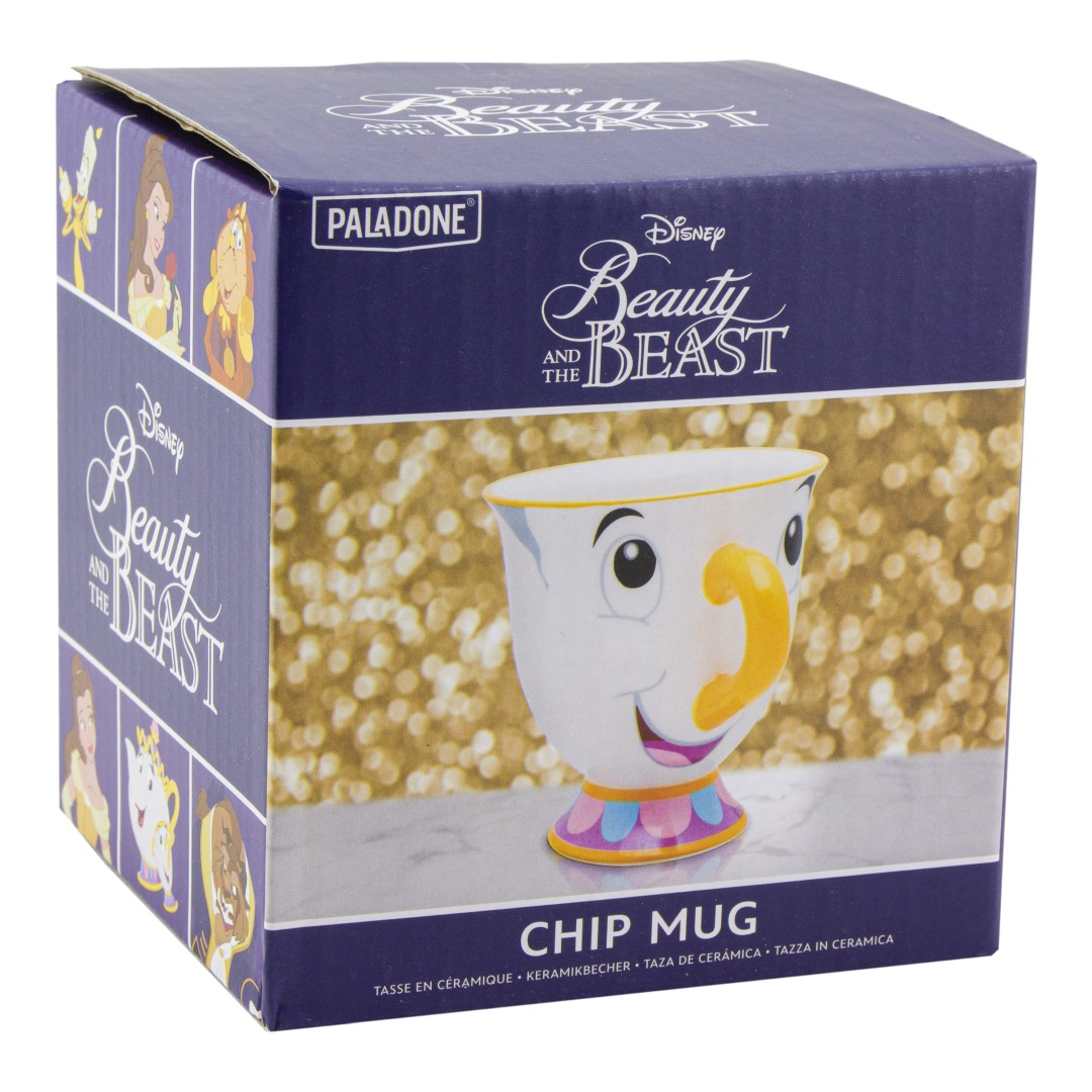 Eine Chip-Tasse aus "Die Schöne und das Biest" auf einer goldenen, funkelnden Box von Paladone.