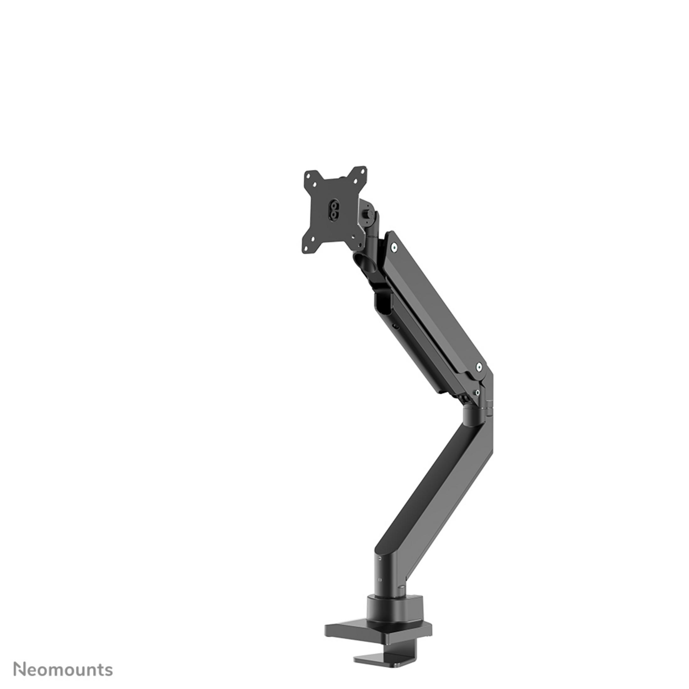 Black monitor arm with clamp base and VESA plate, on a white background.
