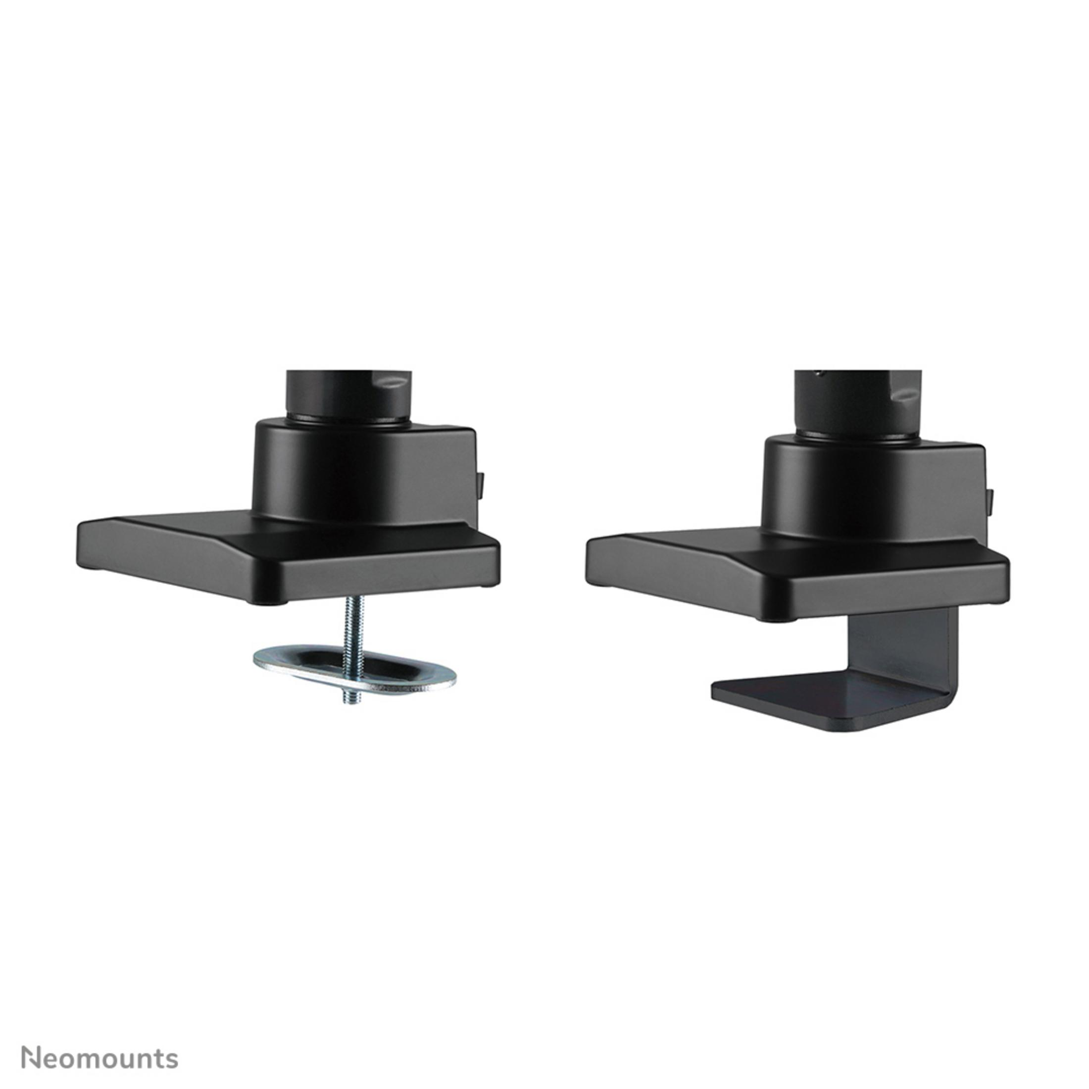 Two black monitor mounts on a white background.
