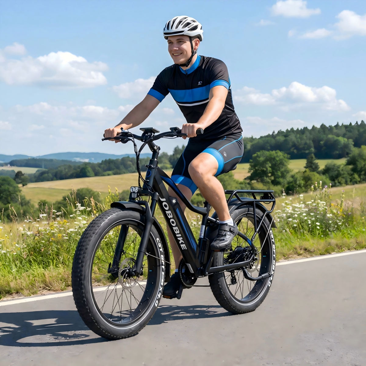 Mężczyzna jedzie czarnym rowerem elektrycznym po asfaltowej drodze w pagórkowatym krajobrazie.