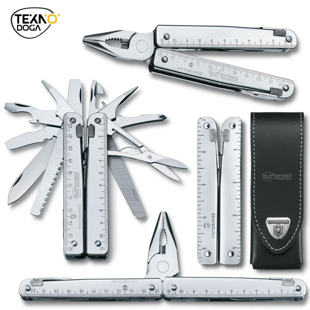 Açık aletli ve siyah deri kılıflı birden fazla gümüş Victorinox çok amaçlı alet.