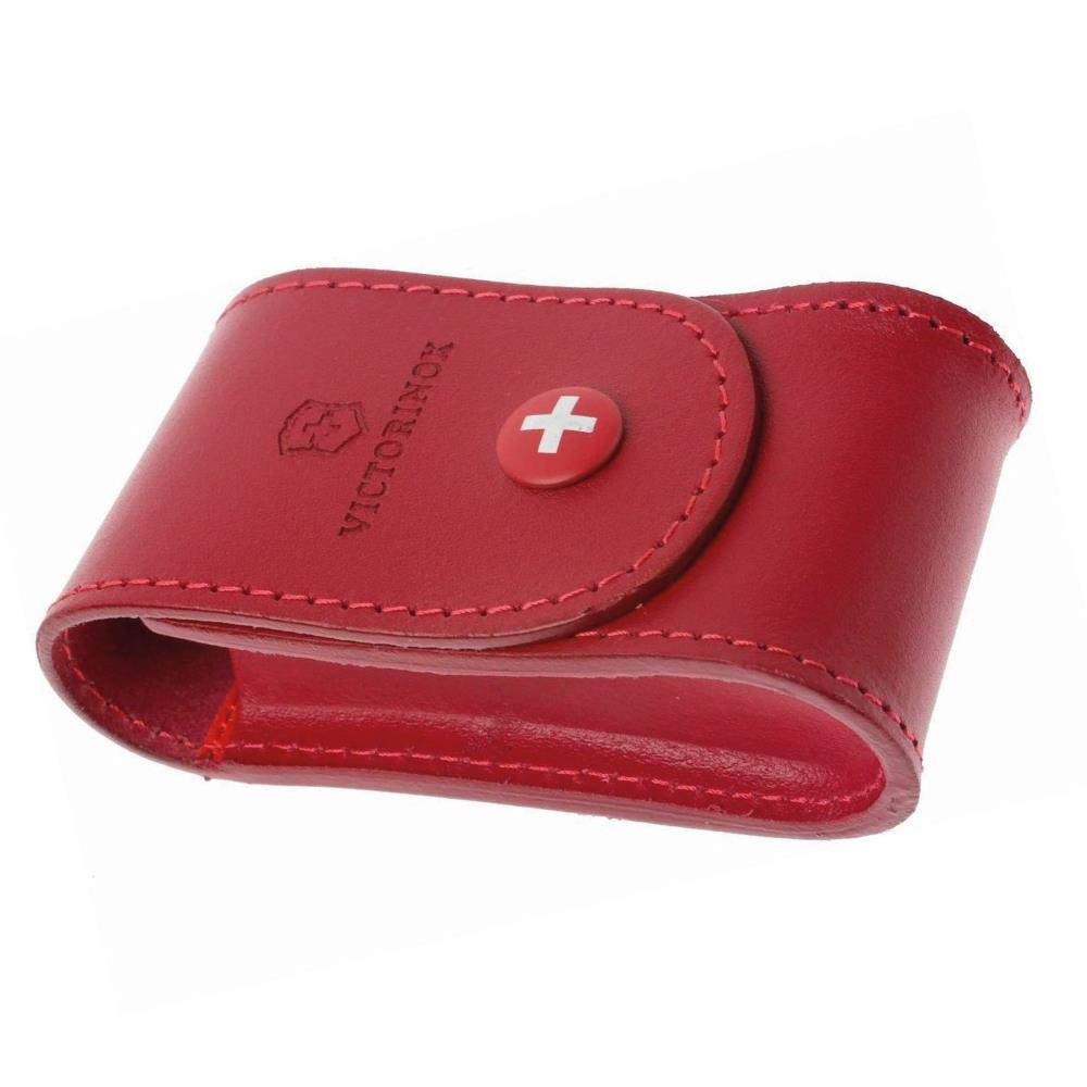 Victorinox logolu ve çıtçıtlı kırmızı deri kılıf.