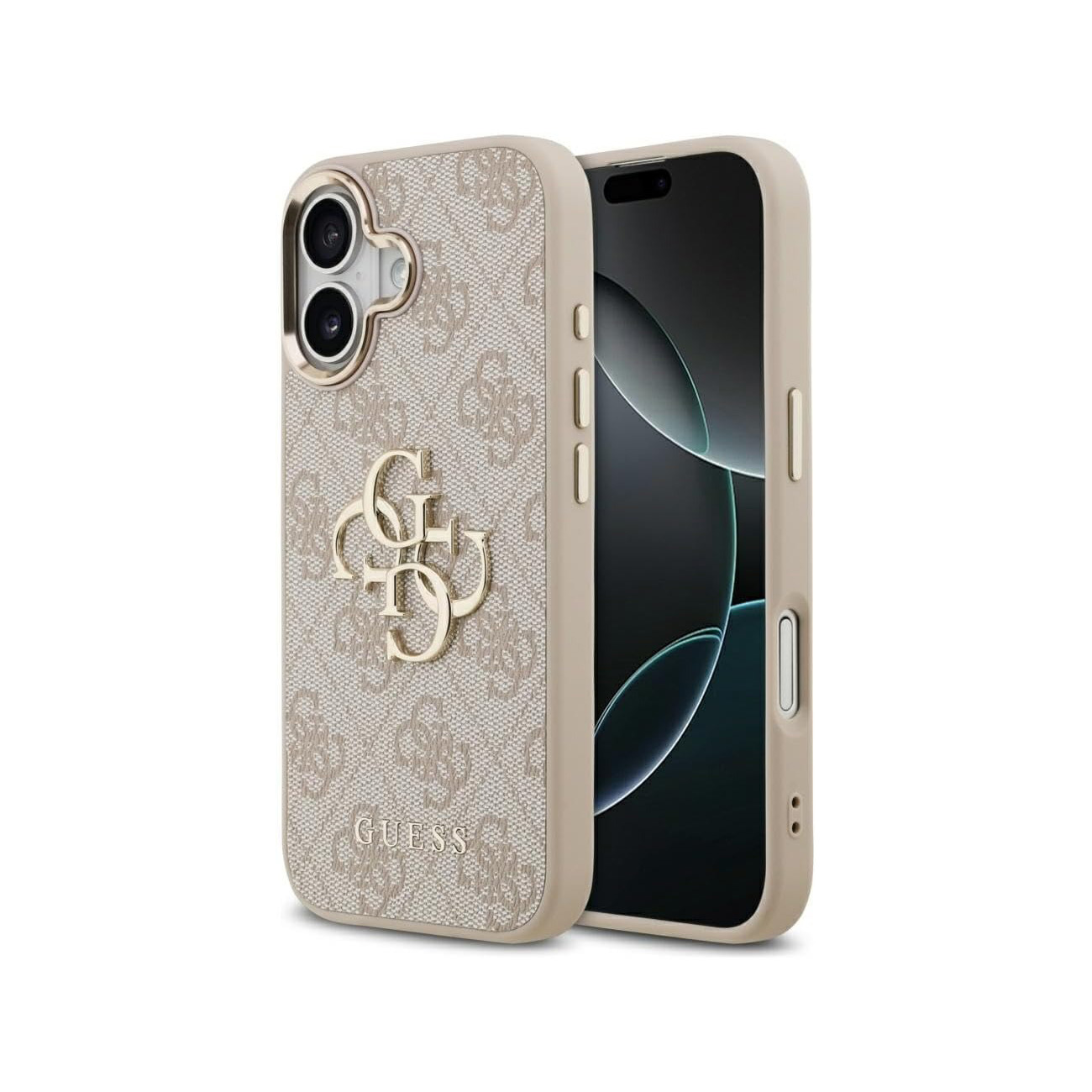 Una custodia per telefono beige con motivo a logo Guess ripetuto ed emblema dorato.