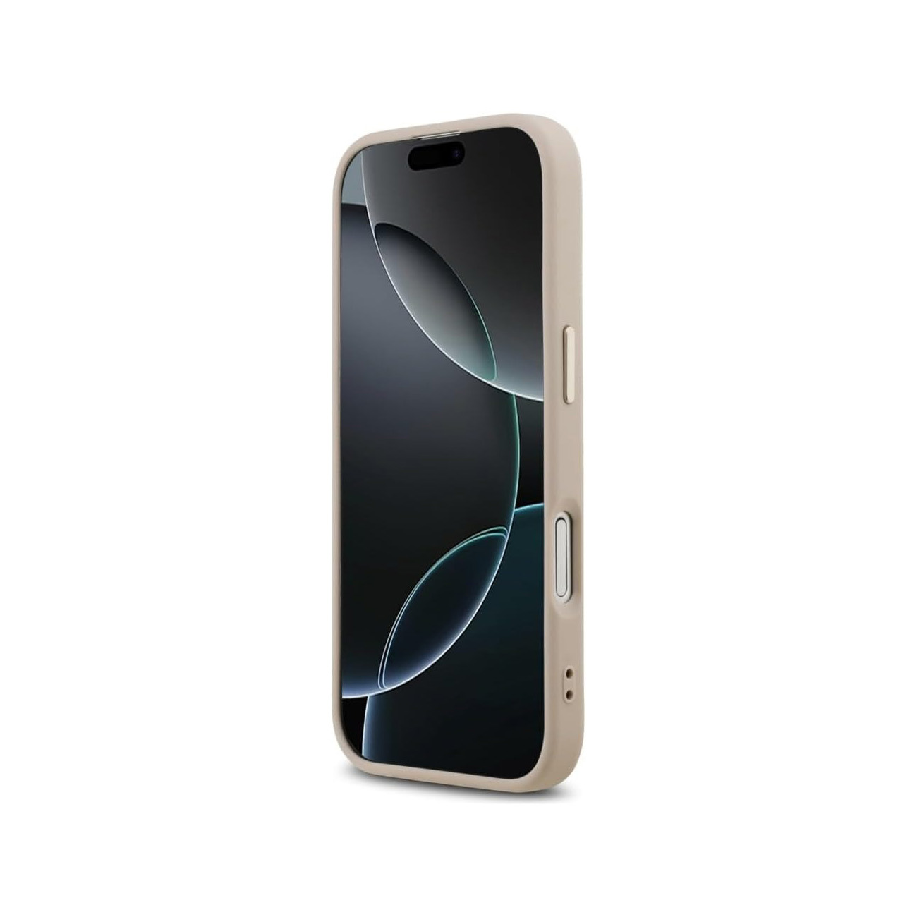 Una cover per telefono color cuoio con schermo scuro e forme astratte.