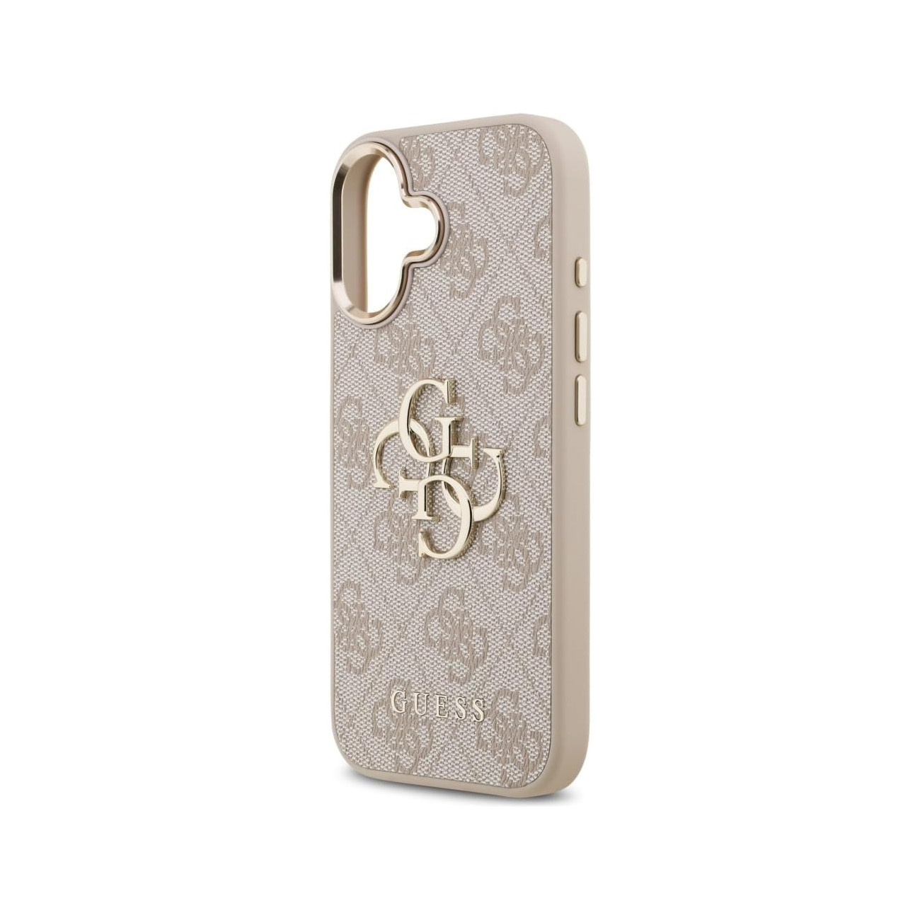 Una custodia per telefono beige con logo GUESS e motivo monogramma.