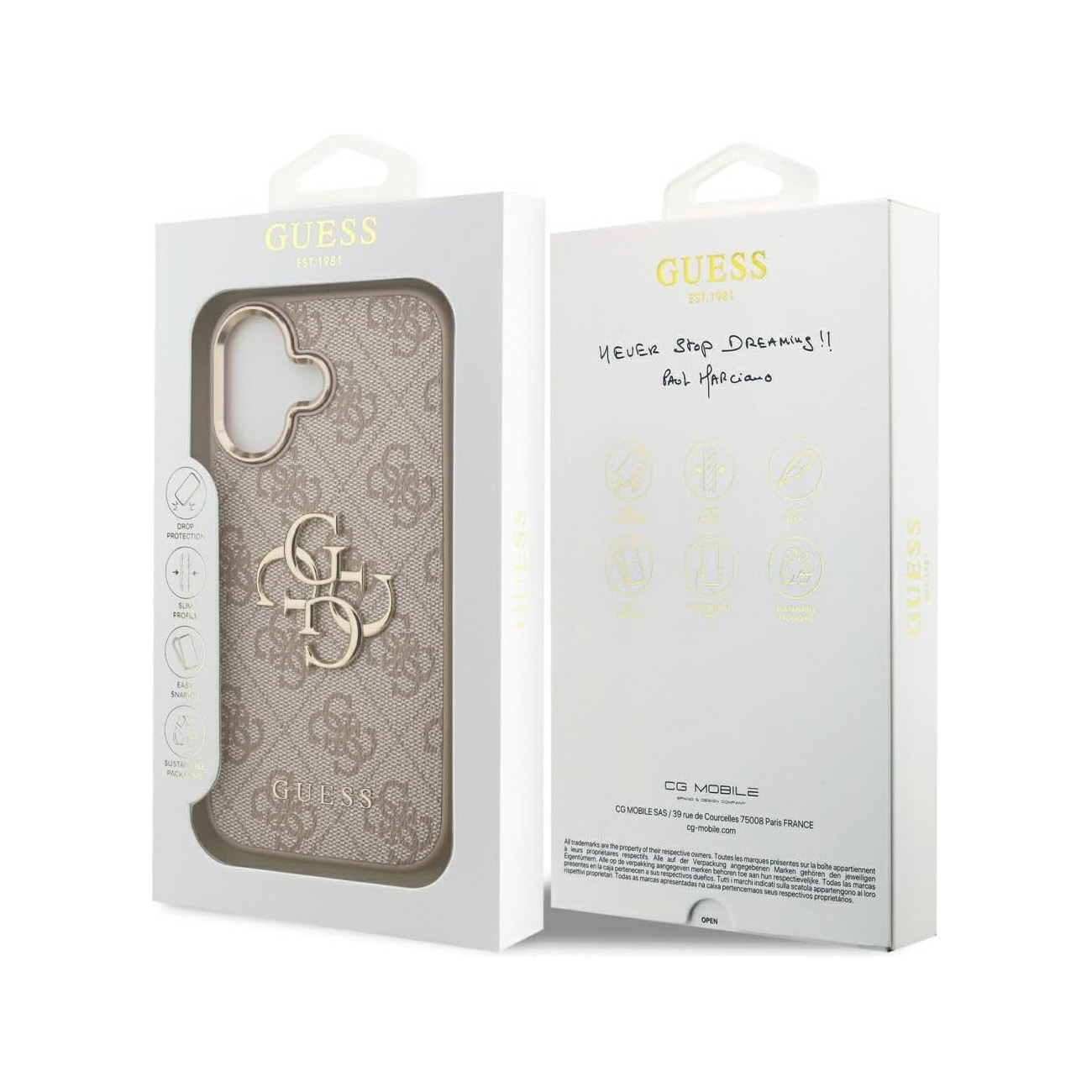 Una custodia GUESS con motivo a logo e una scatola con scritta.