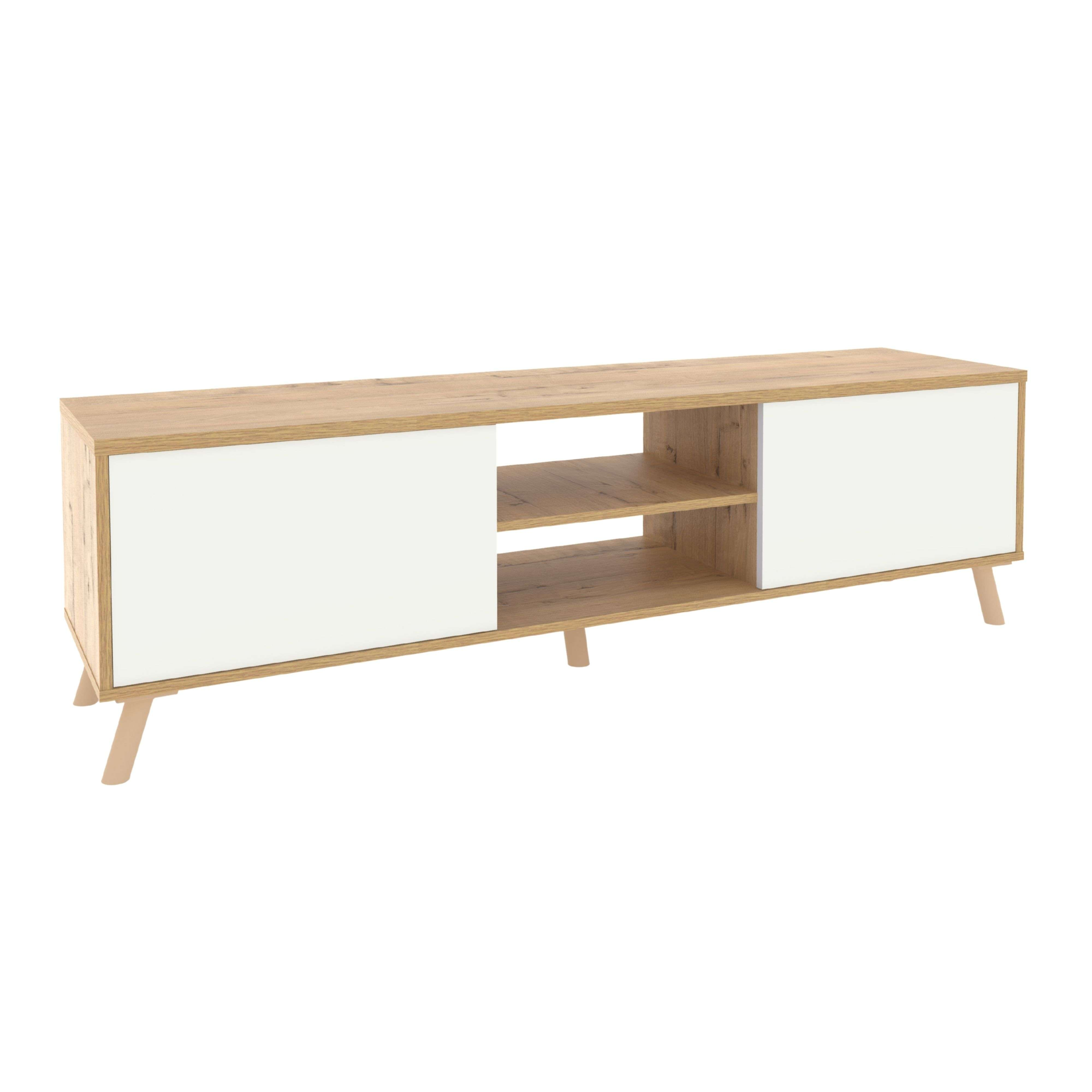 Un mueble de TV moderno y de diseño sencillo en madera y blanco.