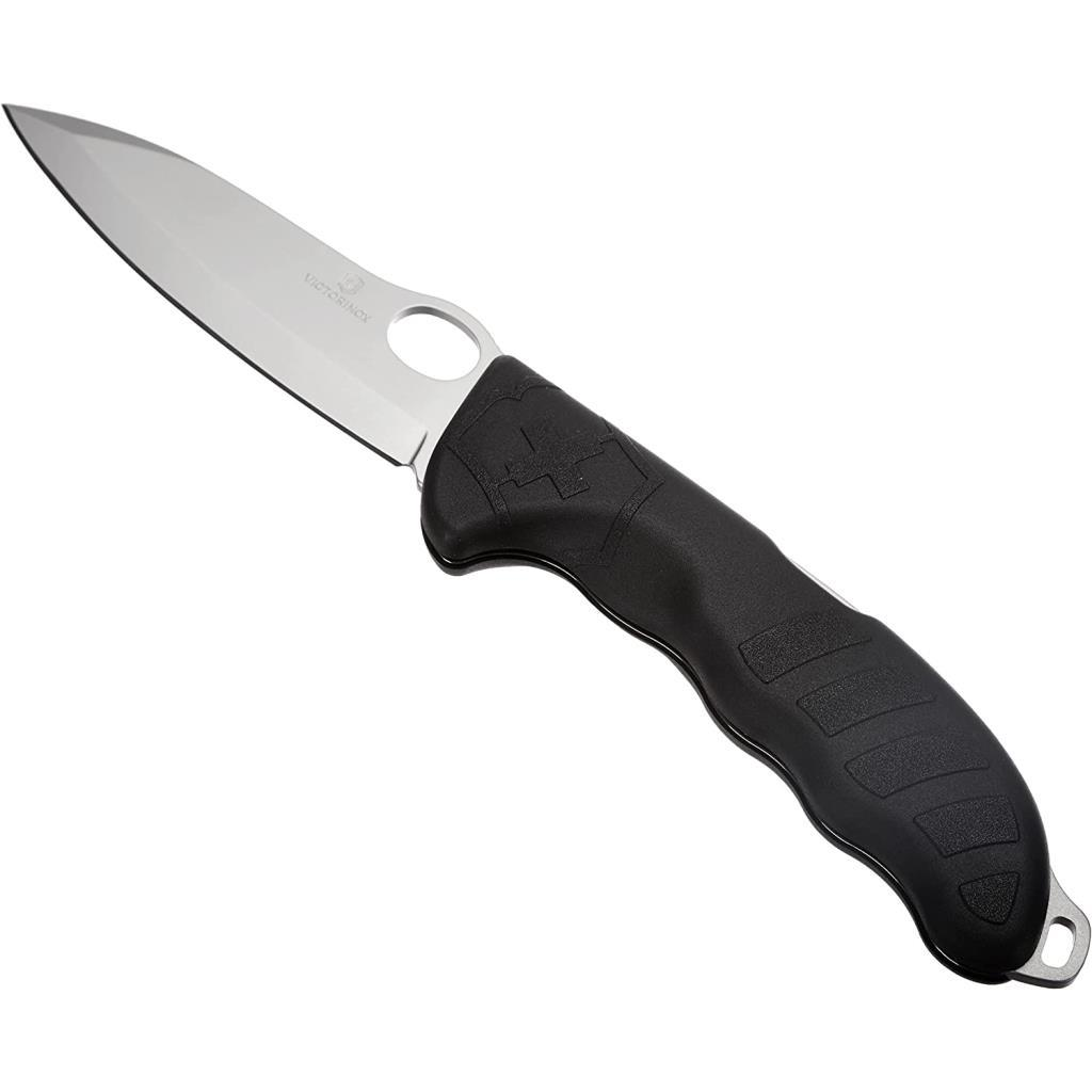 Gümüş, kavisli bıçağı olan siyah saplı bir Victorinox çakı.
