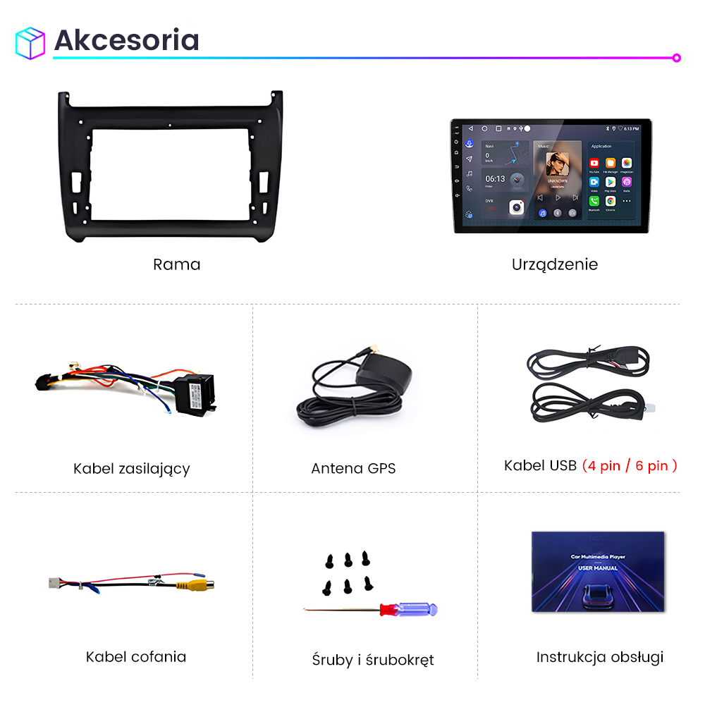 Akcesoria samochodowe: ramka, urządzenie, kable, antena, śruby i instrukcja.