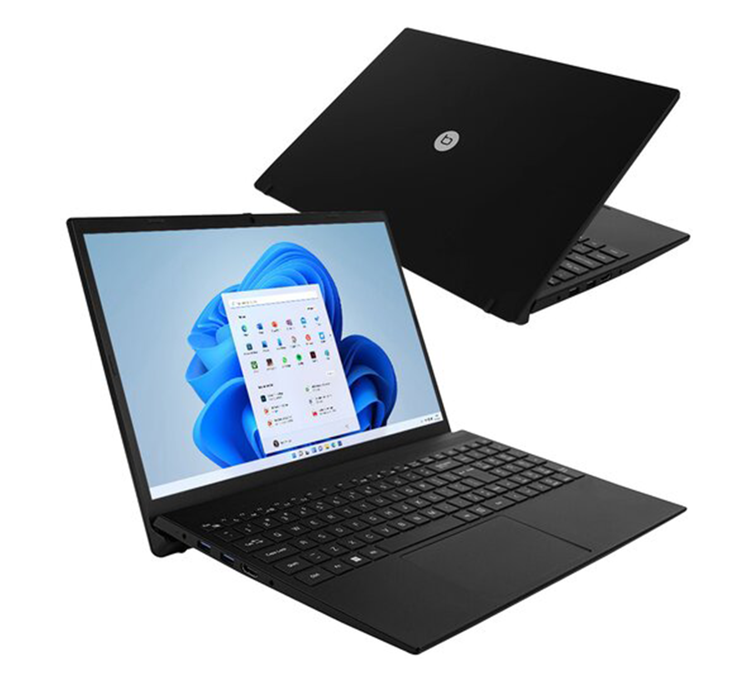 Czarny laptop z otwartym ekranem, wyświetlający system Windows 11.