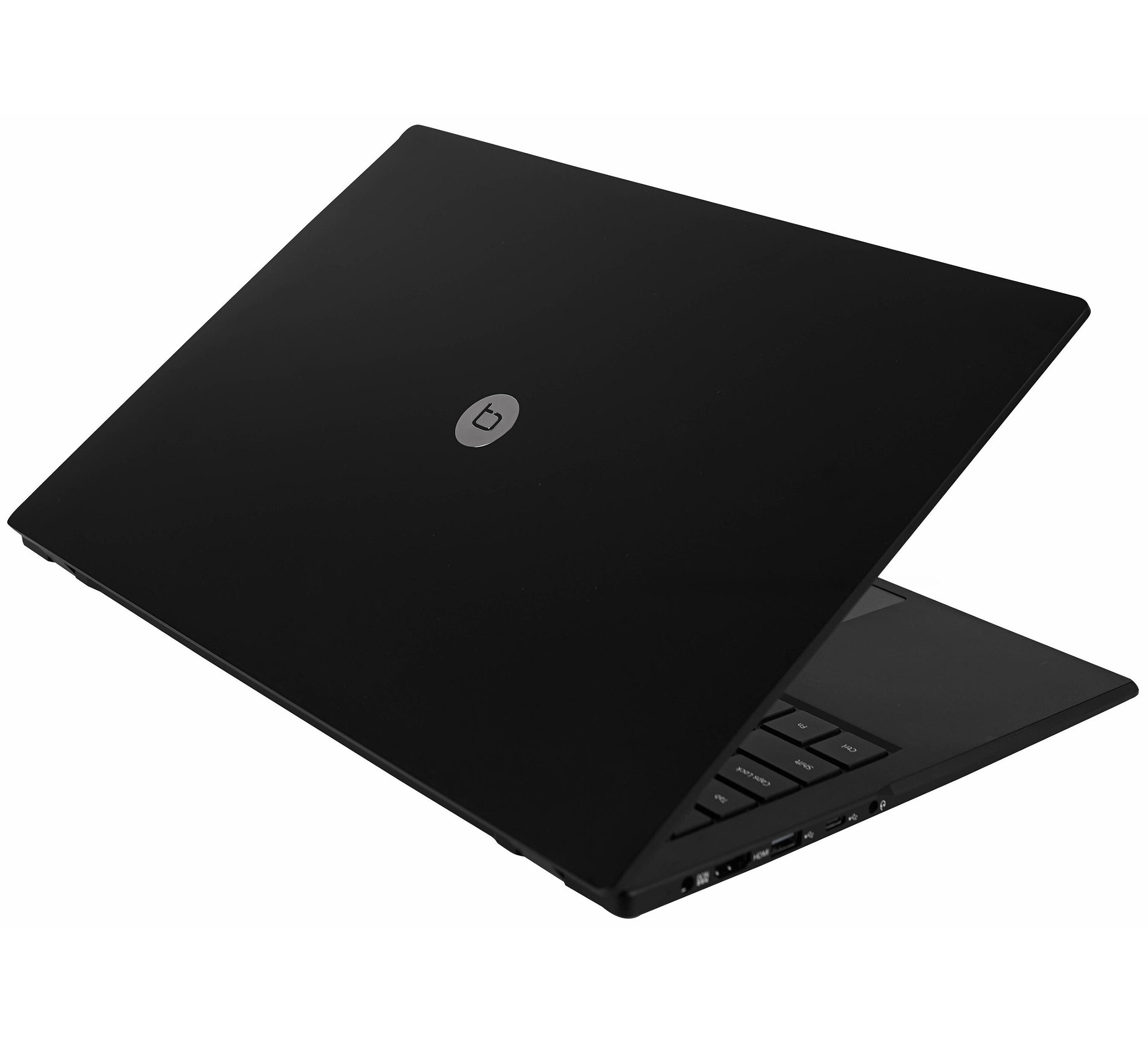 Czarny laptop z zamkniętą pokrywą, logo na górze, widoczna klawiatura.