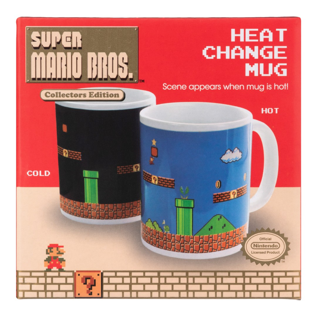 Kubek Super Mario Bros. zmieniający kolor pod wpływem ciepła. Zimna strona czarna. Ciepła strona kolorowa scena z gry.