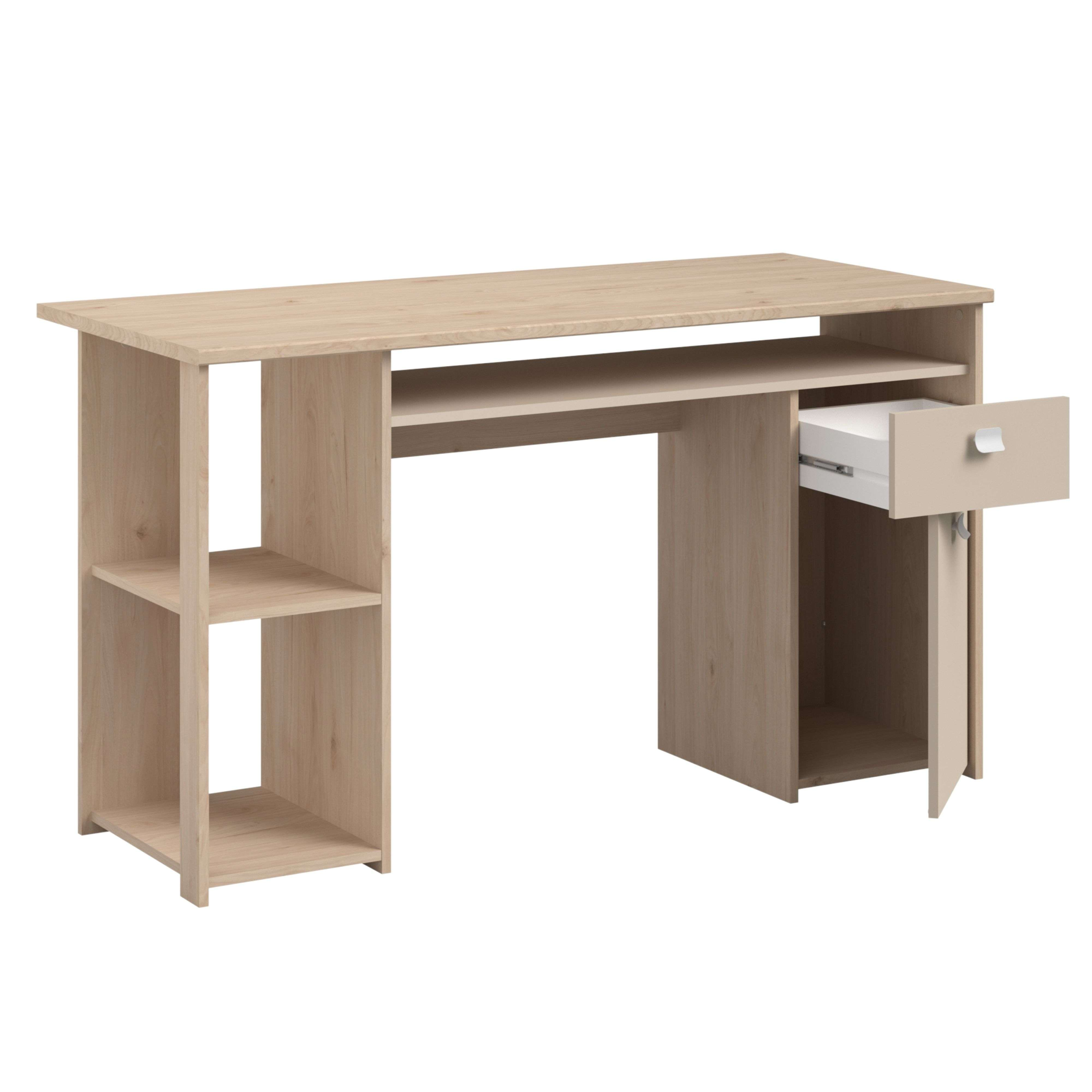 Escritorio de madera clara con cajón y estante. Inserto blanco en cajón abierto.