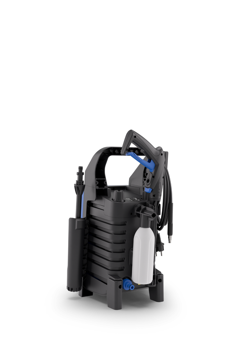 Schwarzer Hochdruckreiniger mit blauen Akzenten und angebrachter weißer Reinigungsmittelflasche.