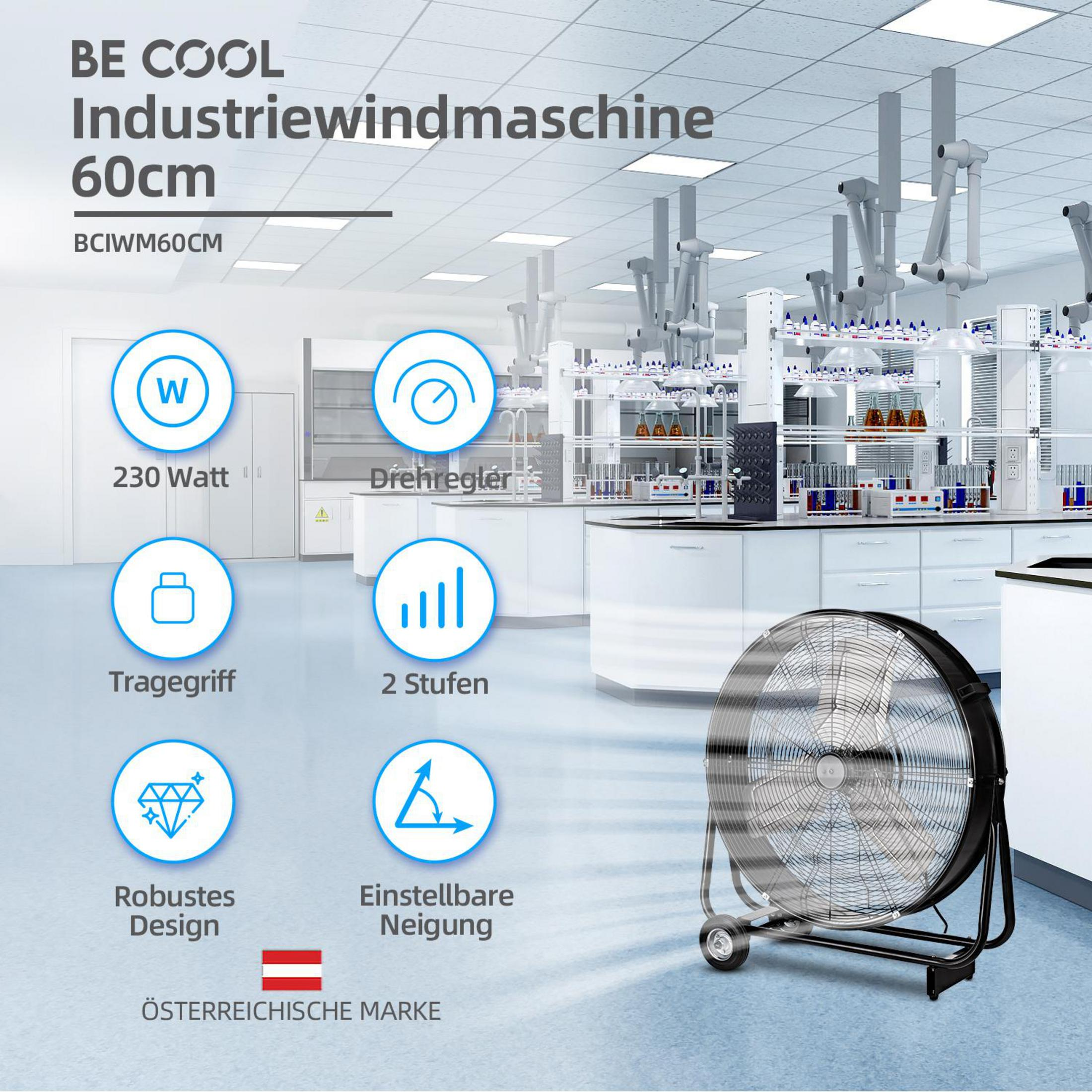 Industrieller Ventilator mit 60cm Blattdurchmesser, 230 Watt, in einem Labor.
