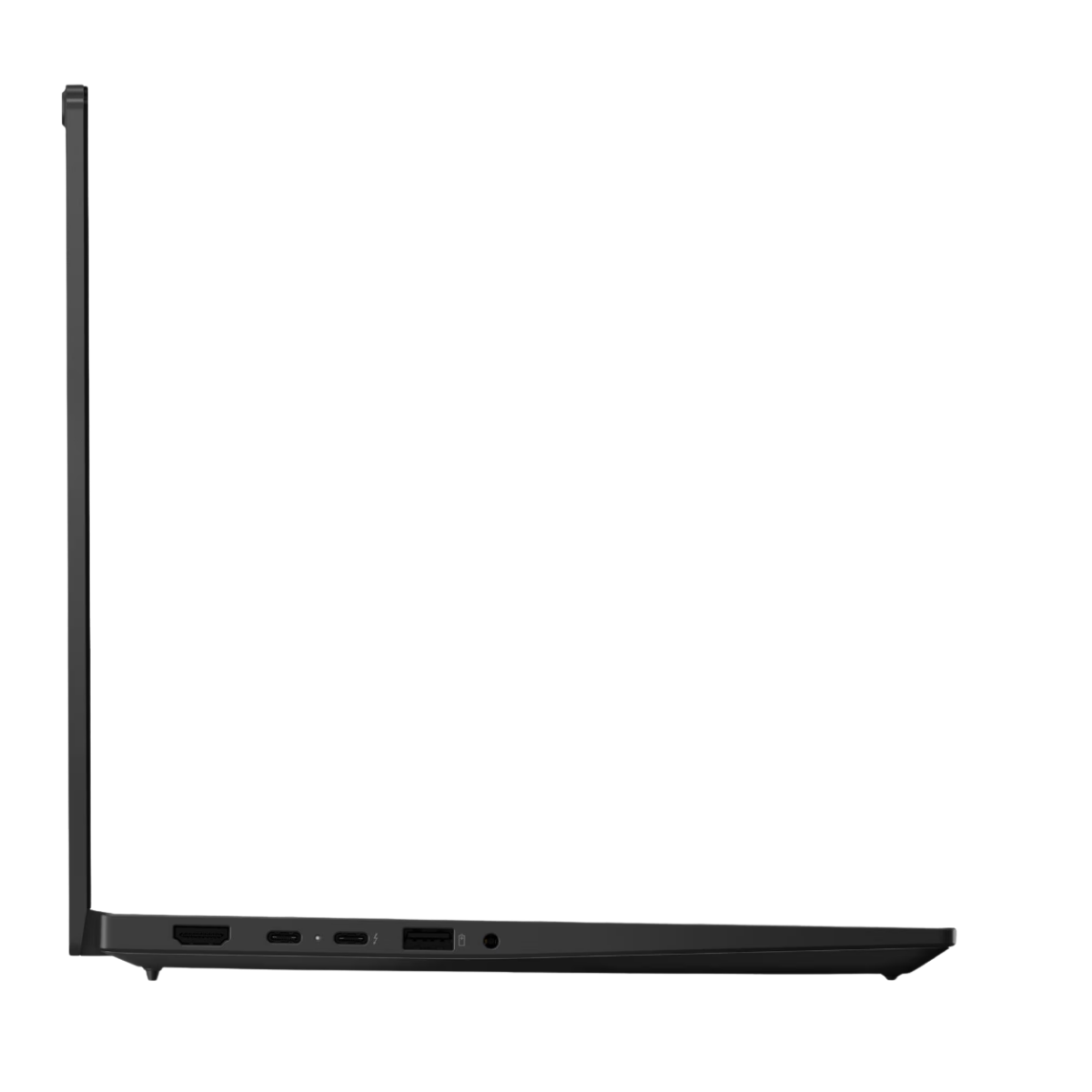 HDMI, USB-C ve USB-A bağlantı noktalarını gösteren siyah dizüstü bilgisayarın yan görünümü.