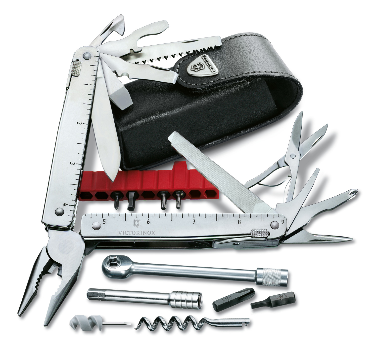 Gümüş renkli Victorinox çok amaçlı alet, açık halde, pense, testere, makas ve uçları gösteriyor.
