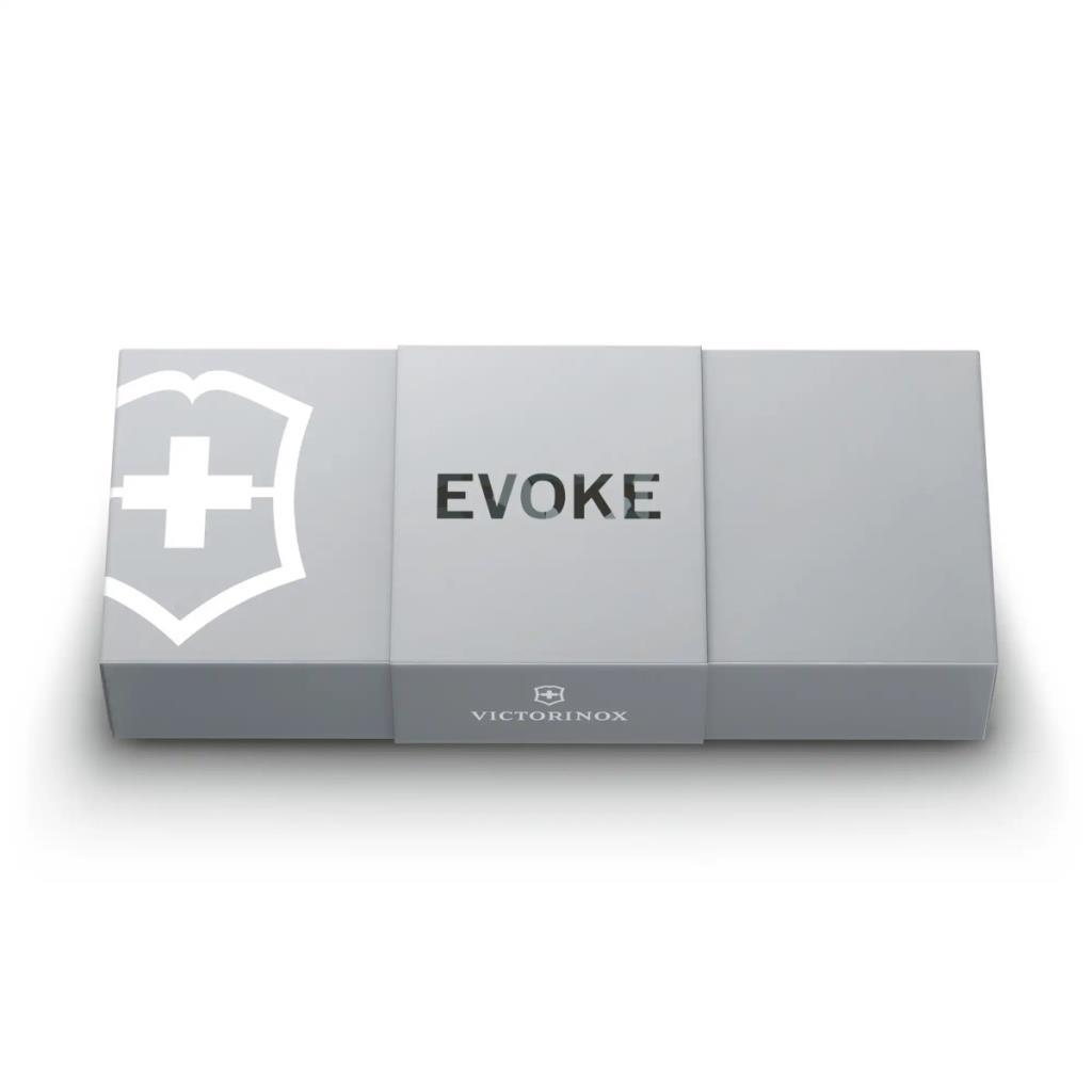 EVOKE yazısı ve Victorinox logosu bulunan gri hediye kutusu.