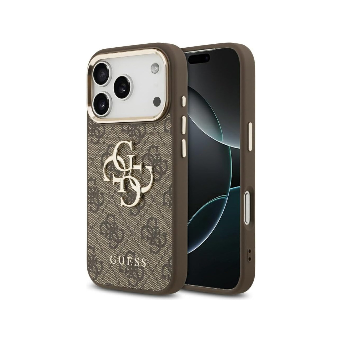 Custodia marrone per telefono con logo Guess e ritaglio fotocamera.