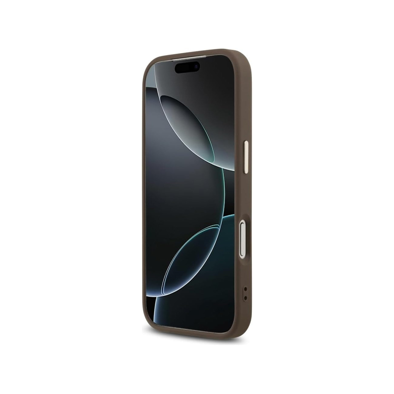 Un telefono marrone con schermo scuro e riflessi di luce.