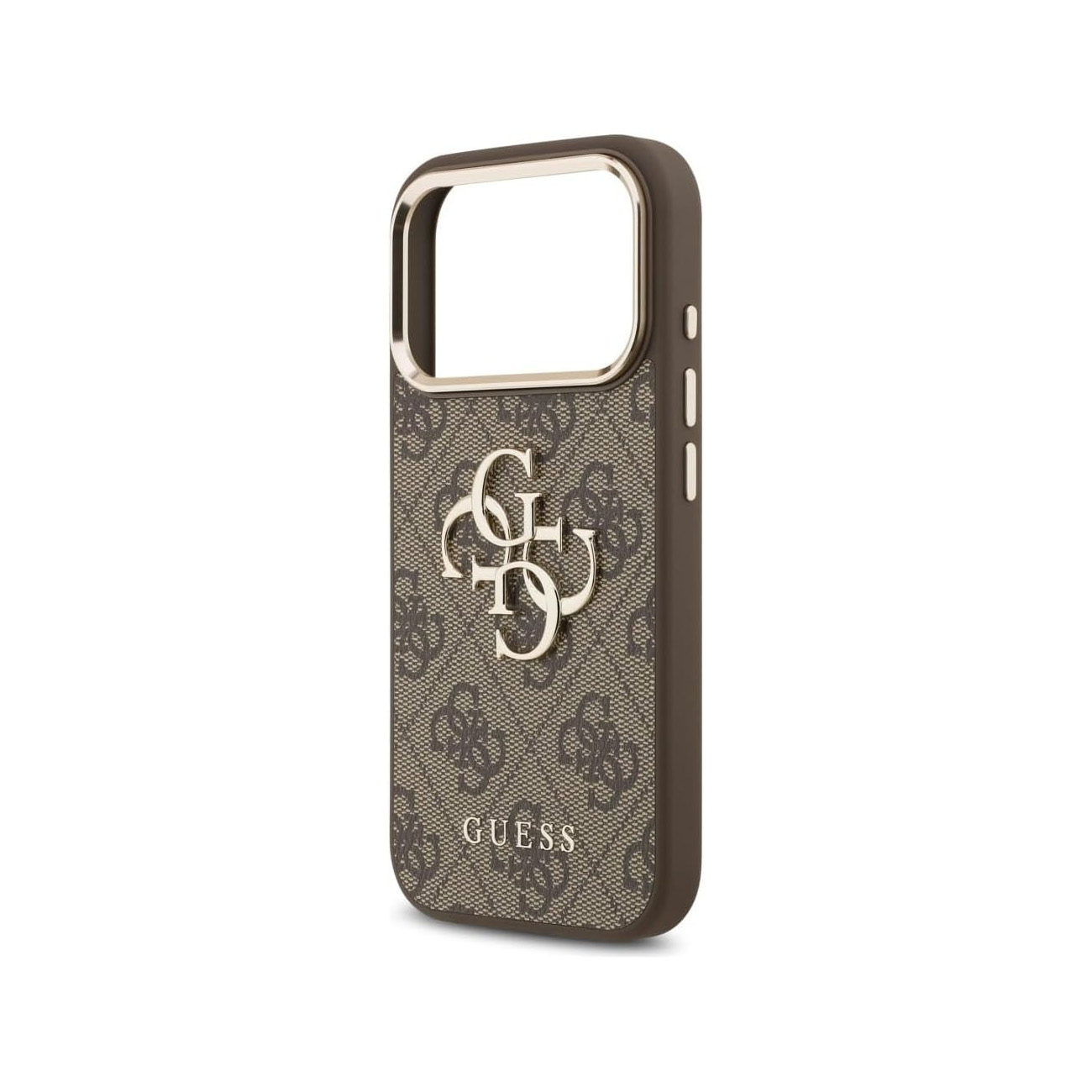 Custodia per telefono marrone con logo GUESS e motivo monogramma.