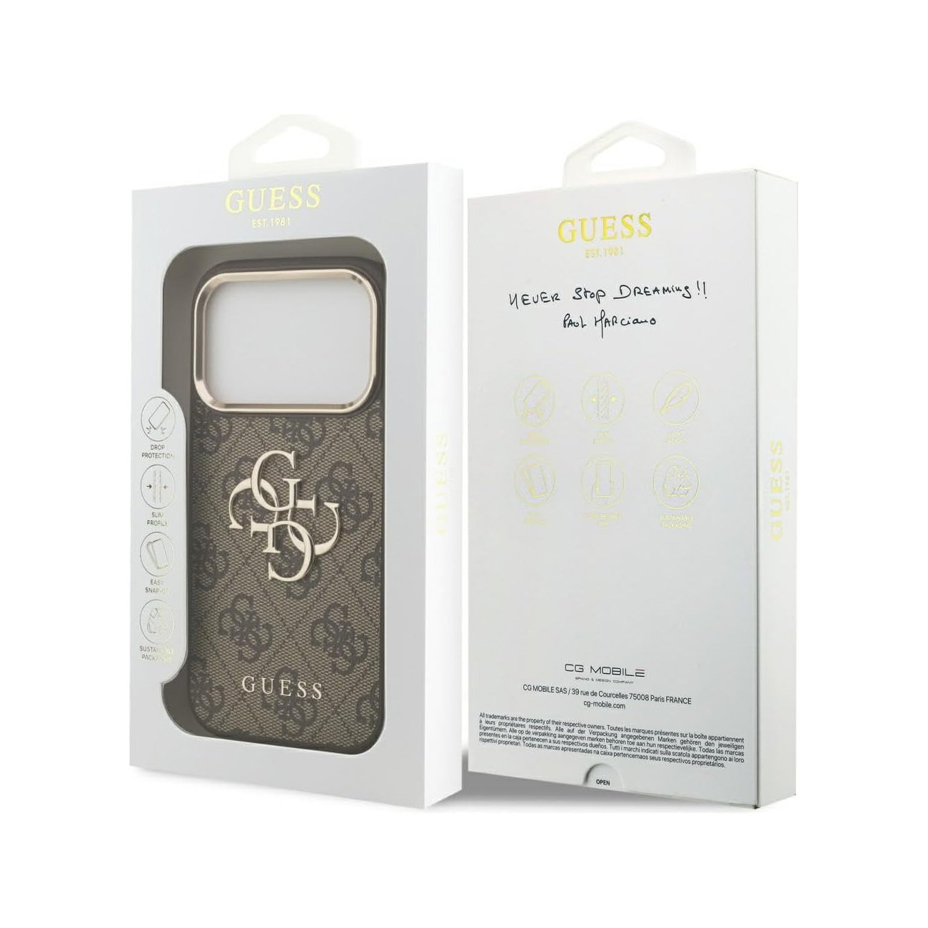 Custodia Guess con motivo monogramma e bordo dorato.