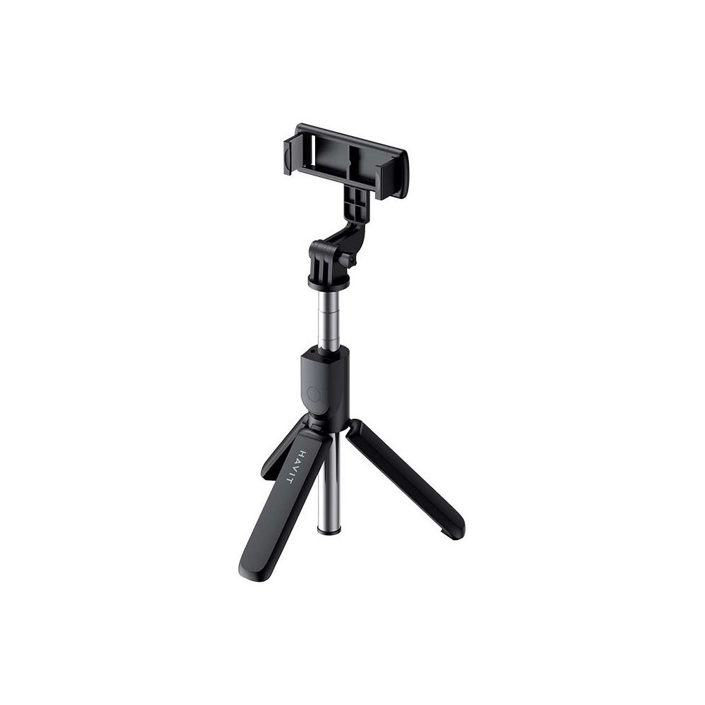Siyah selfie çubuğu, telefon tutucu ve tripod beyaz arka planda gösterilmiştir.