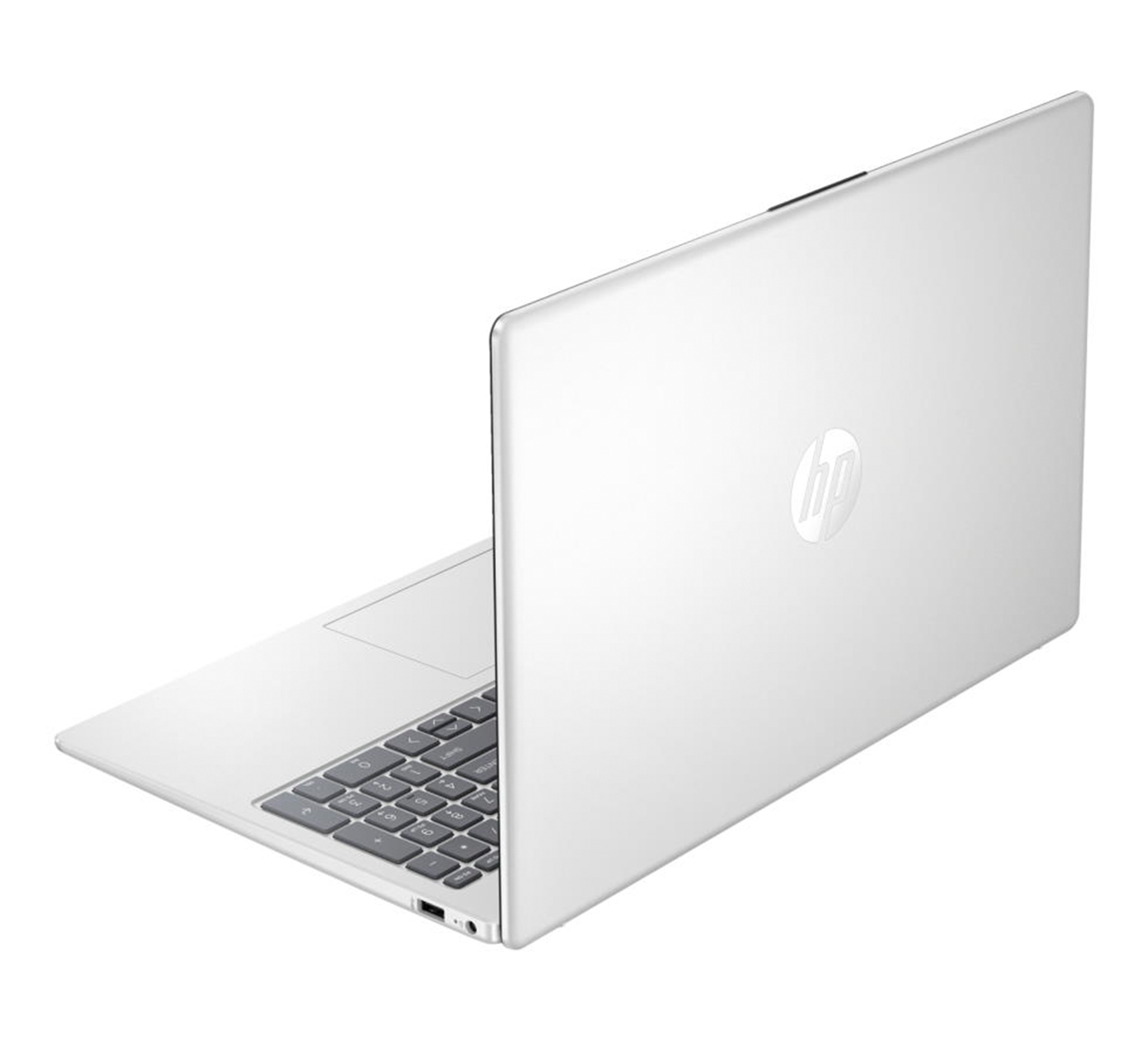 Biały laptop HP z klawiaturą i touchpadem, pokazany z widoku z trzech czwartych tyłu.