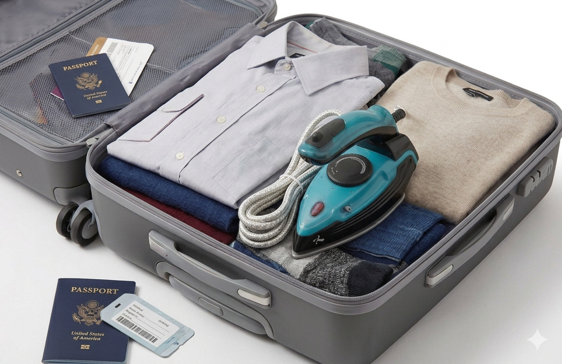 Maleta gris abierta con ropa, pasaportes, tarjeta de embarque y una plancha de viaje turquesa.