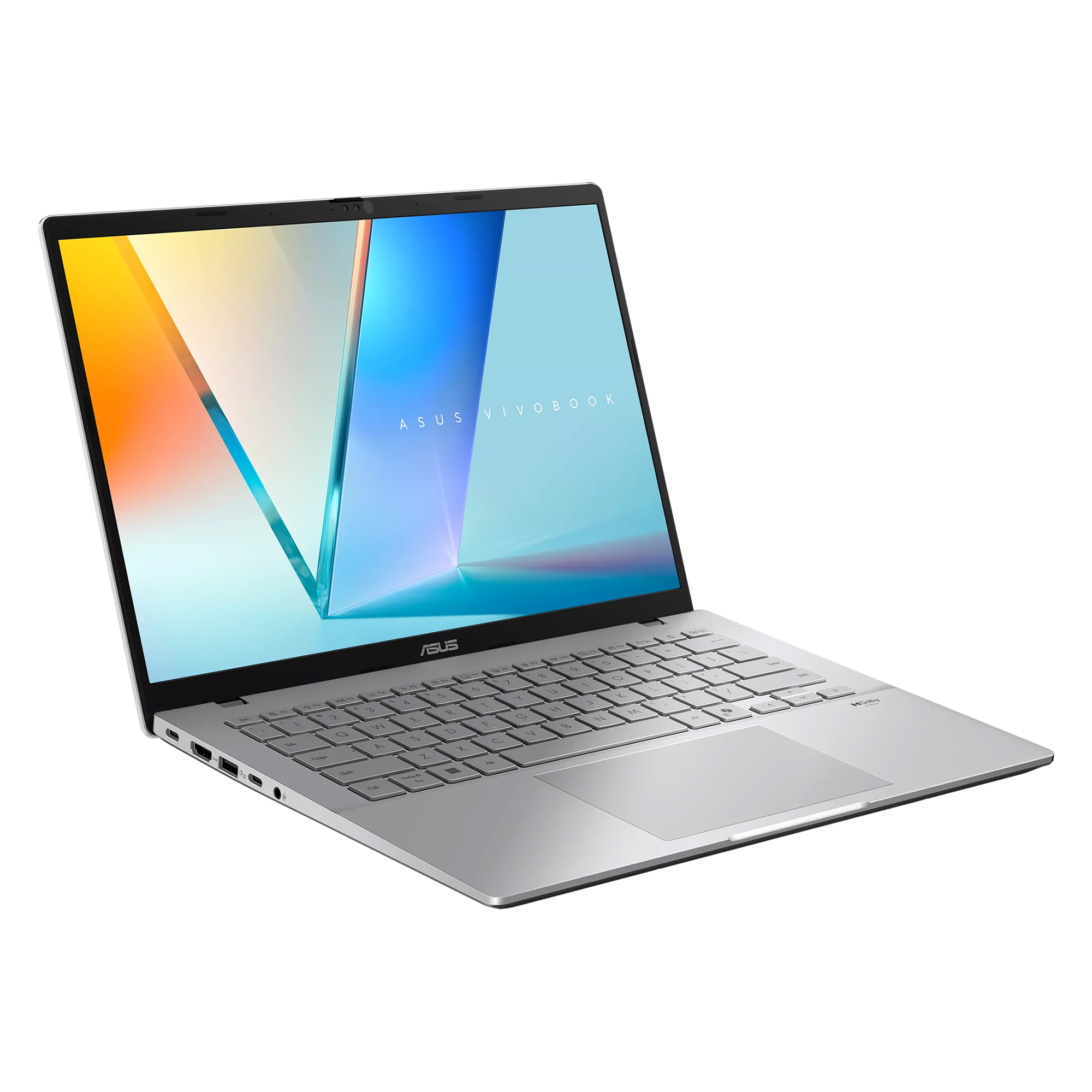Gümüş ASUS Vivobook dizüstü bilgisayar, beyaz arka planda açılı.