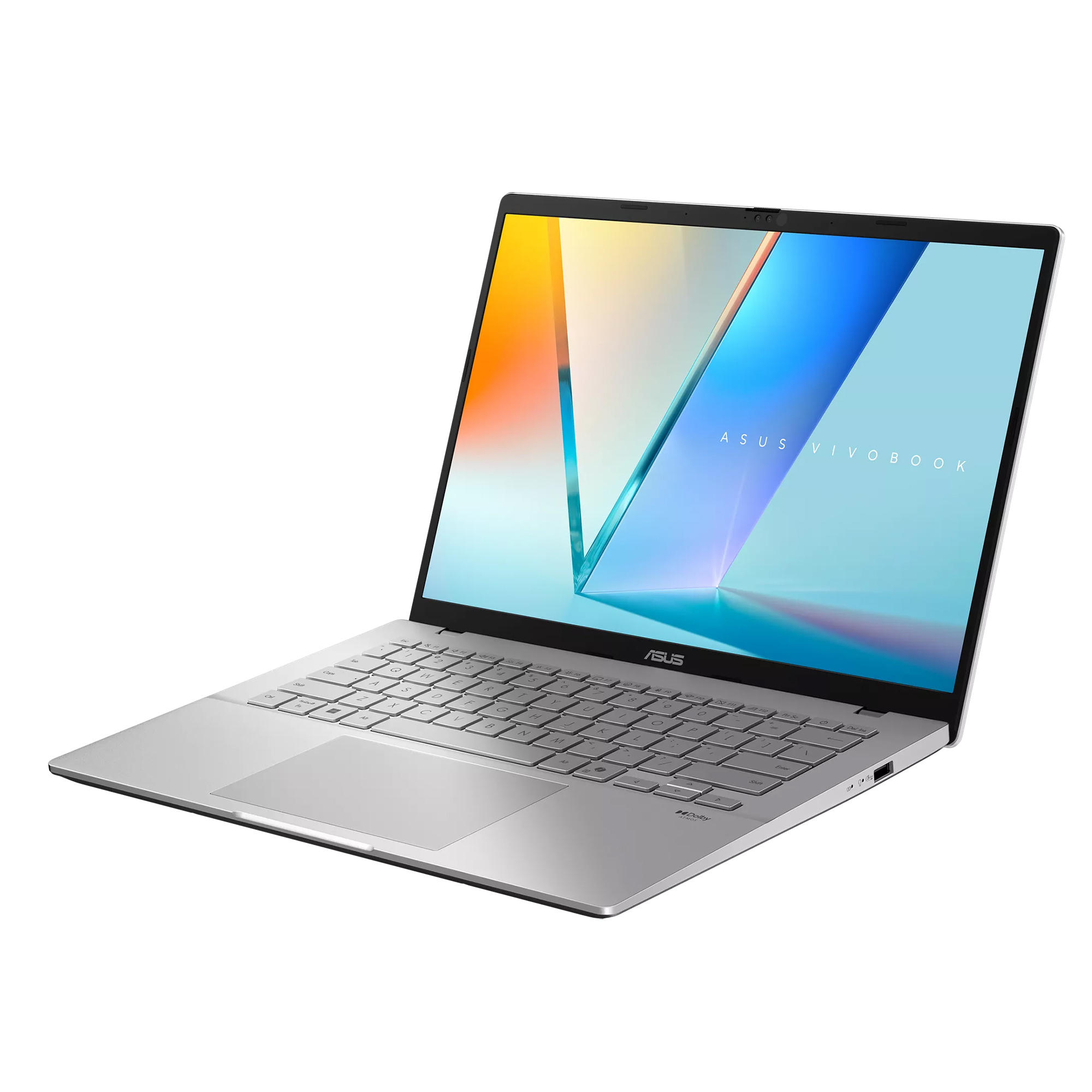 Arkadan aydınlatmalı klavyeli ve renkli ekranlı gümüş Asus Vivobook dizüstü bilgisayar.