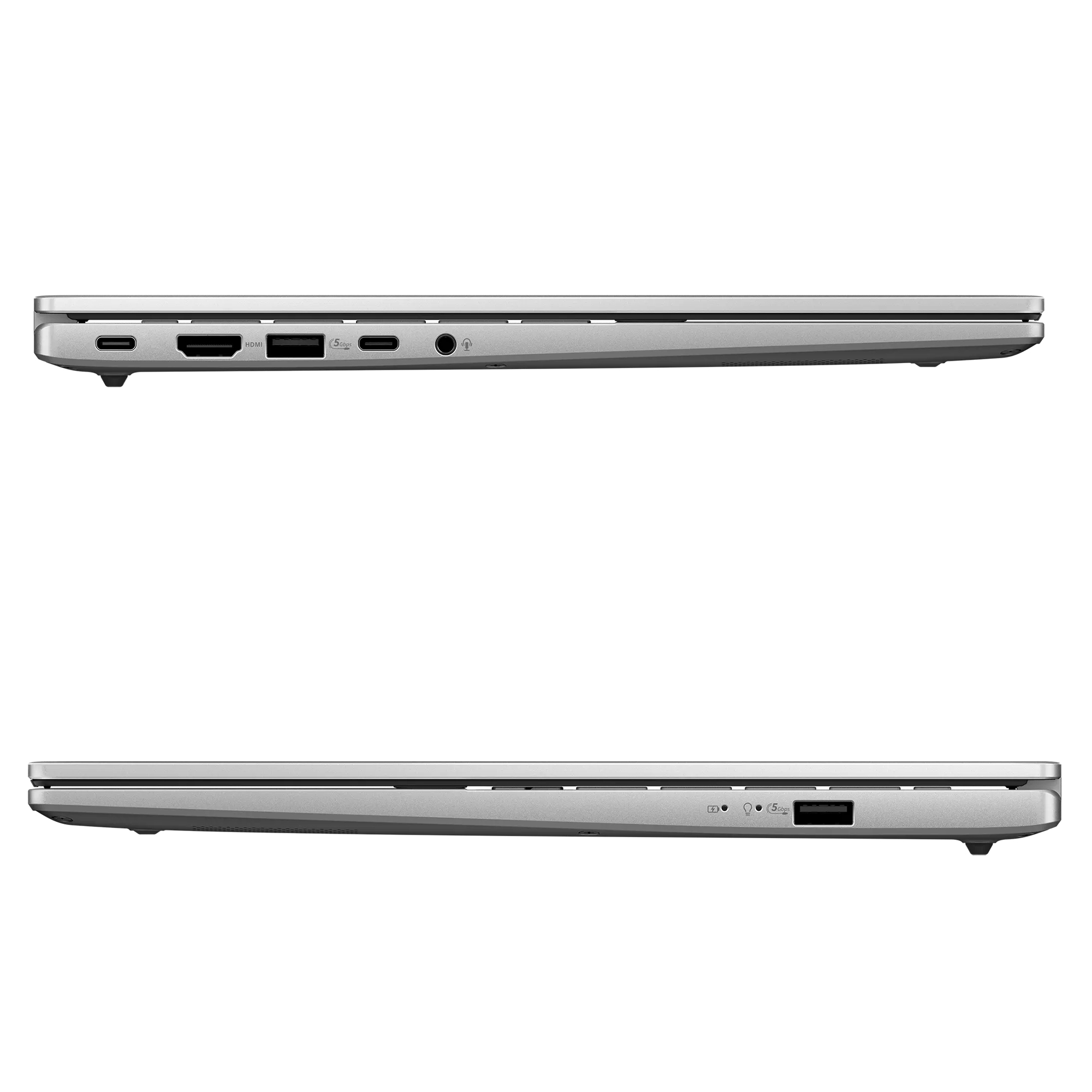 Gümüş rengi dizüstü bilgisayarın yan görünümü: USB-C, HDMI, USB-A ve kulaklık jakı.