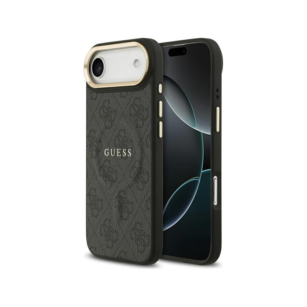 Custodia nera per telefono con logo Guess e anello fotocamera dorato, accanto a uno smartphone.