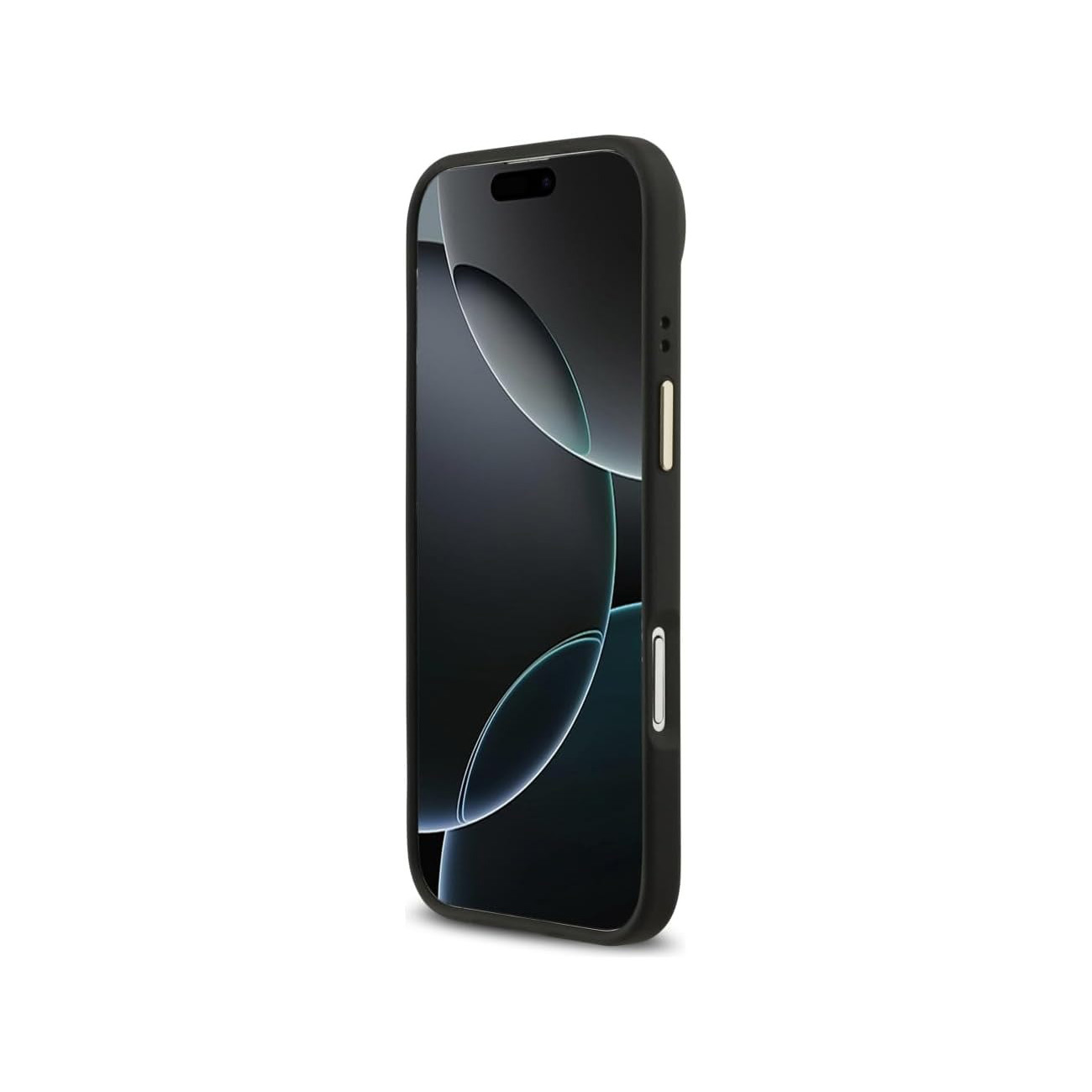 Smartphone nero in una custodia, in piedi su una superficie bianca.