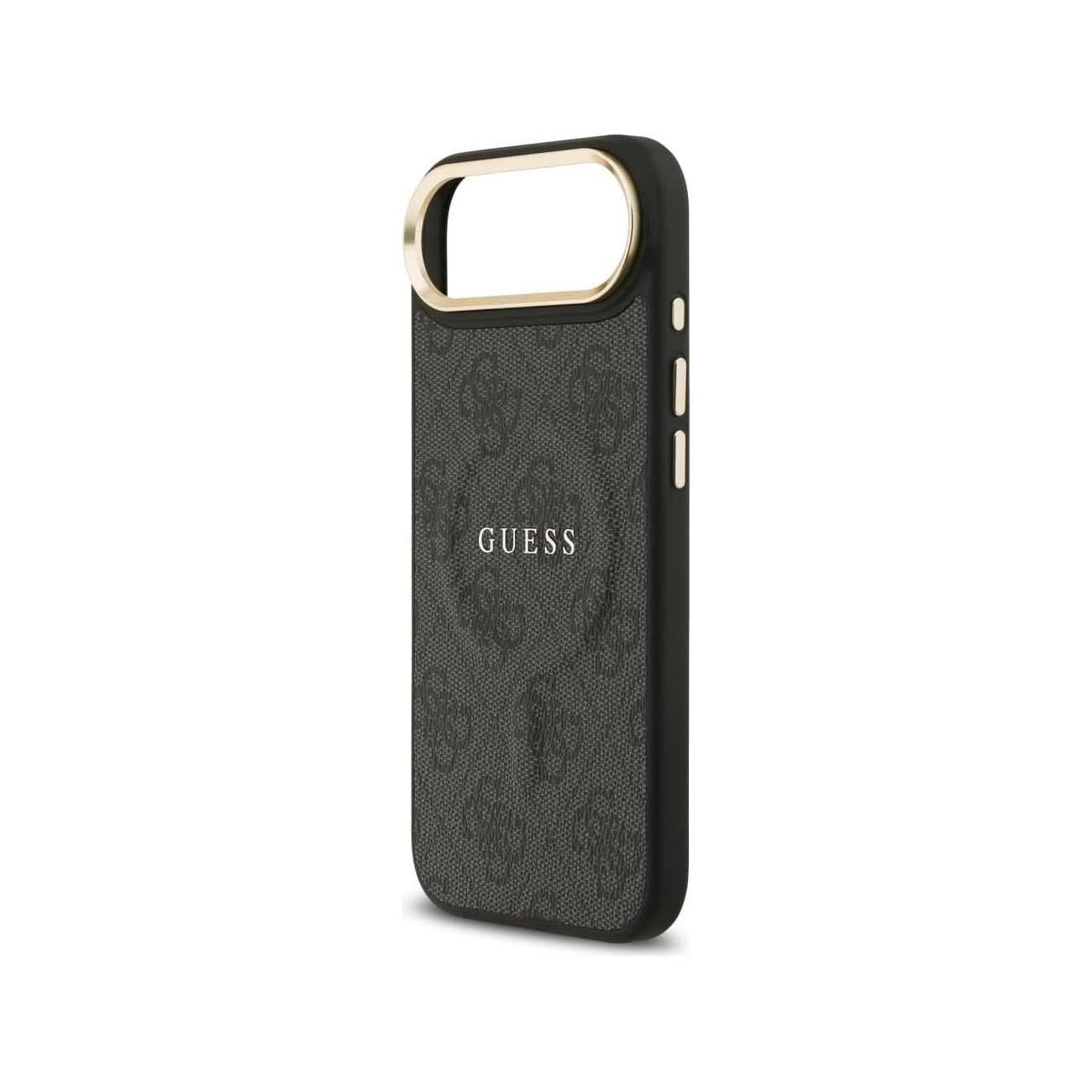 Custodia nera per telefono con logo GUESS e finiture dorate.