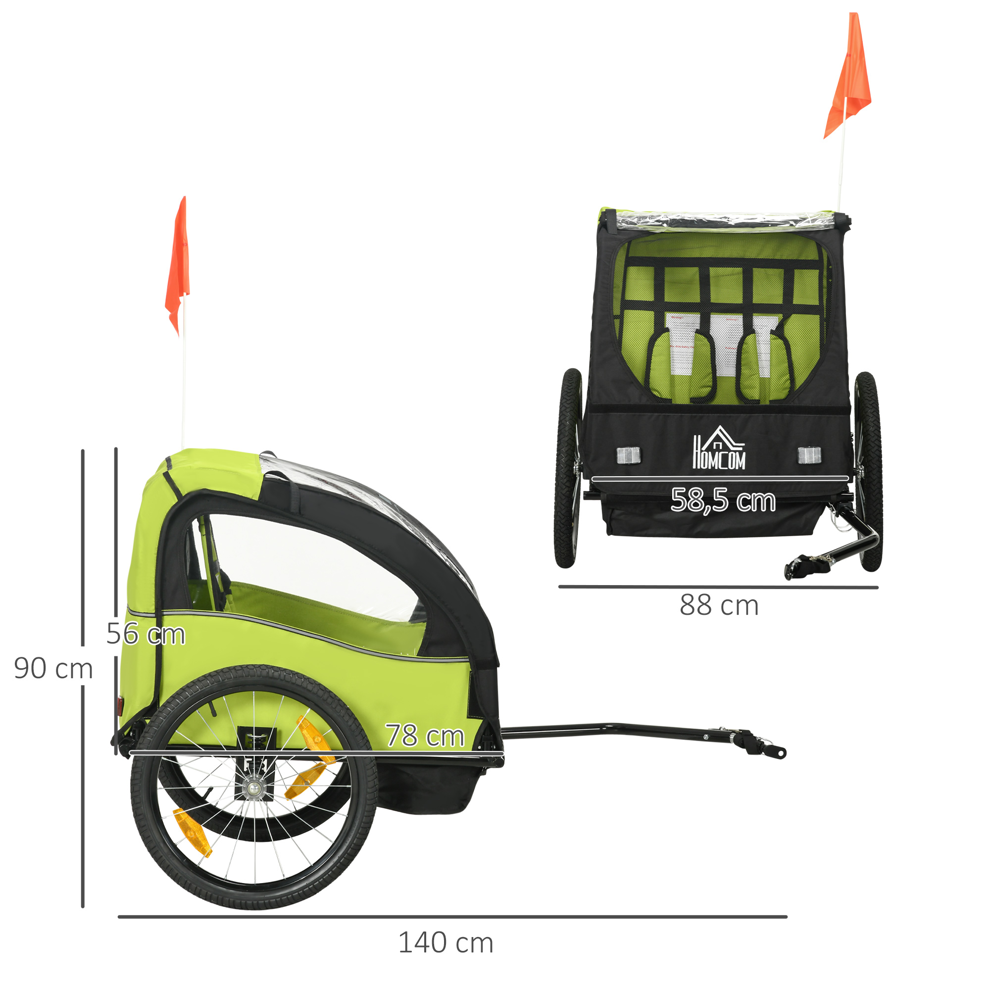 Remolque de bicicleta verde con dos ruedas, dos banderas naranjas y medidas.
