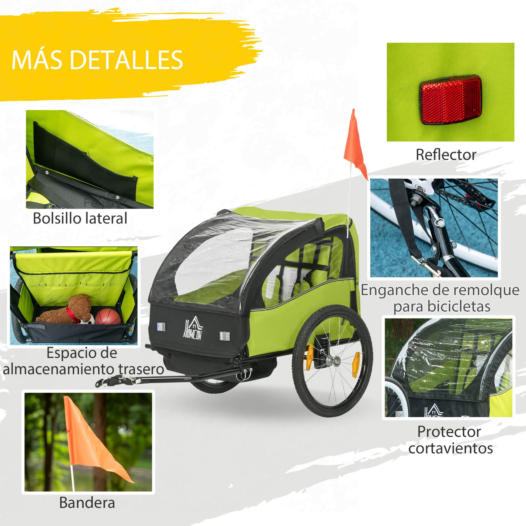 Un remolque de bicicleta verde con bolsillo lateral, espacio trasero y reflector.