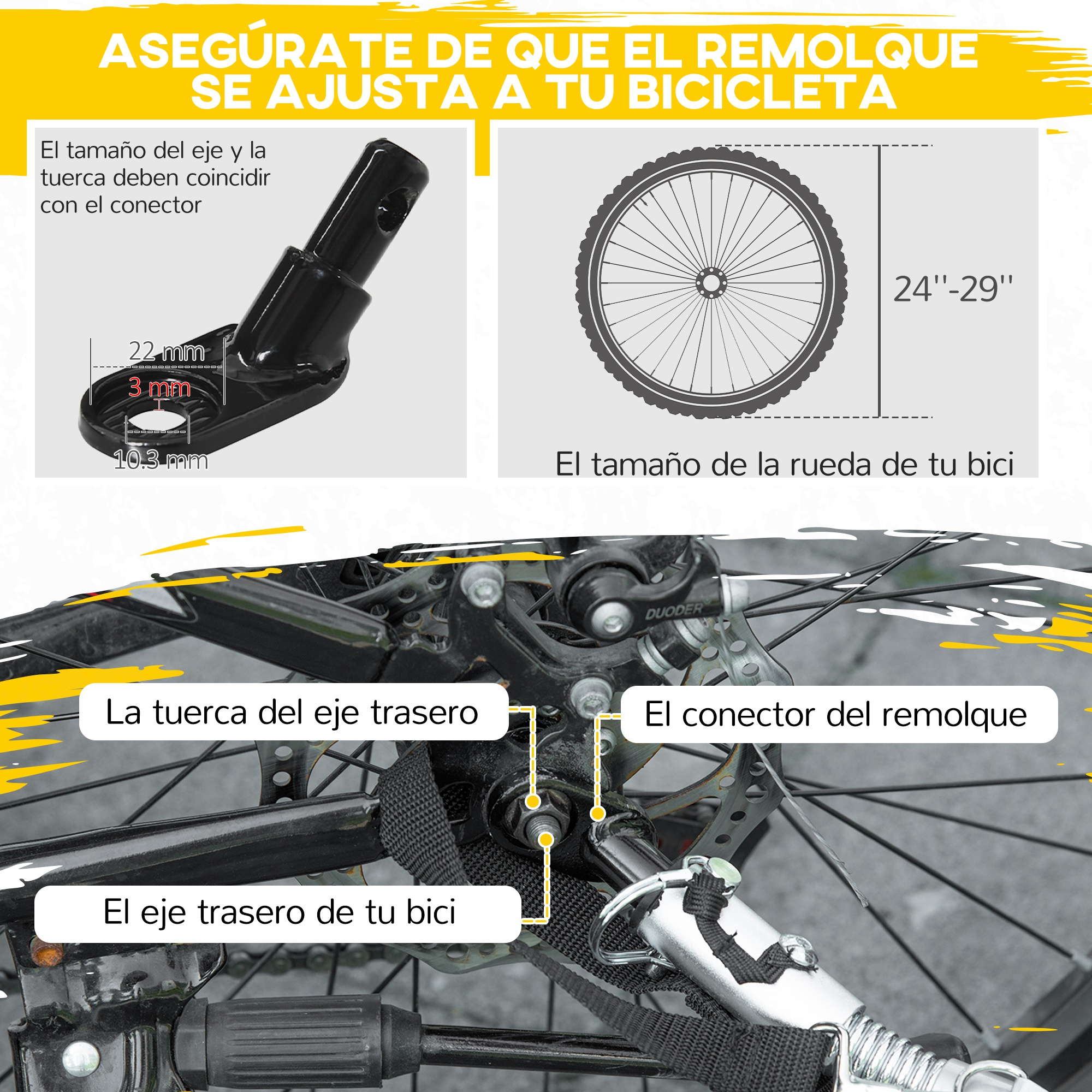 Montaje del remolque: eje, tuerca y tamaño de rueda (24-29 pulgadas).