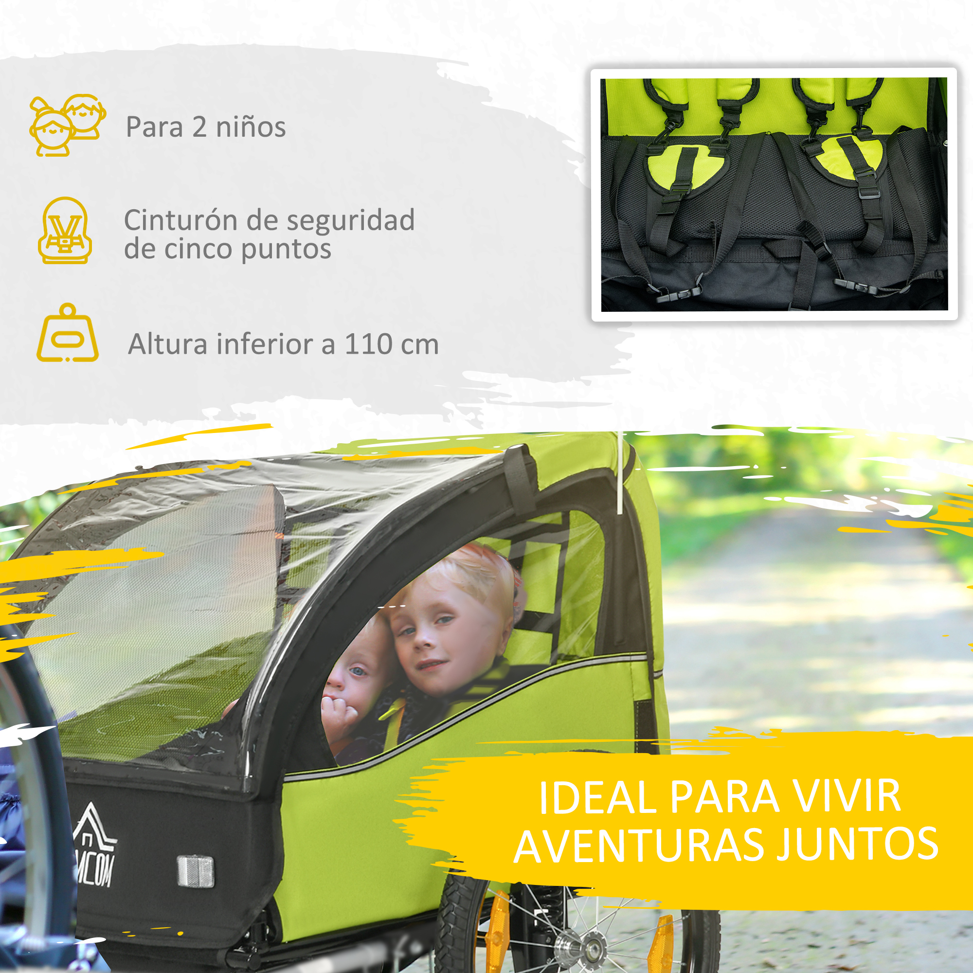 Un remolque de bicicleta verde con dos niños y texto sobre características.