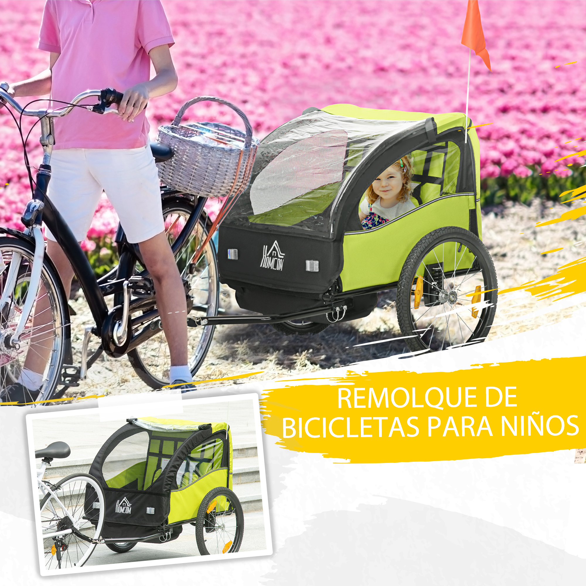 Persona en bicicleta con remolque infantil, al aire libre, con campo de flores.